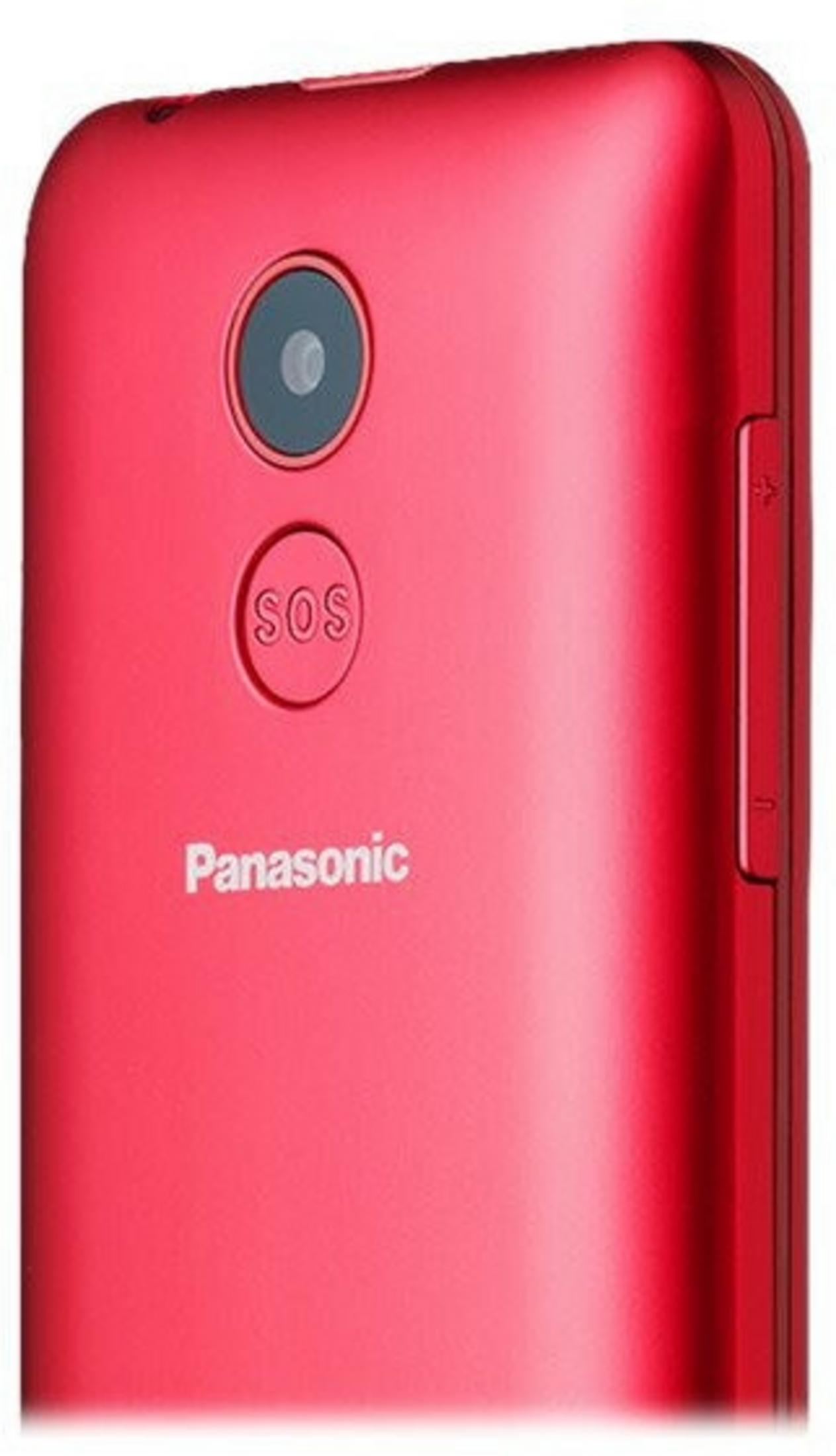 Rückseite eines roten Panasonic-Telefons. Es hat eine Kamera, eine SOS-Taste und eine Lautstärkeregelung.