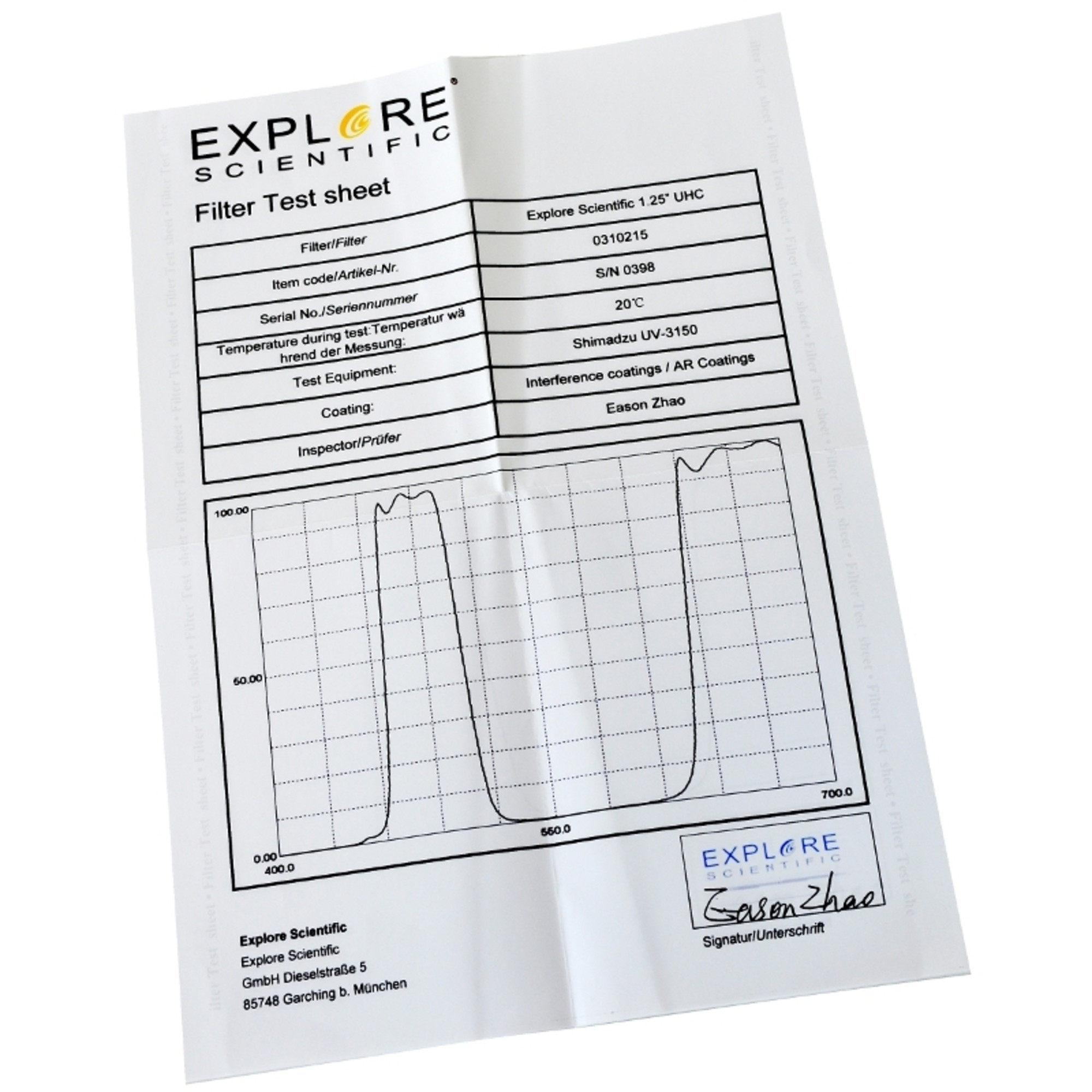 Ein weißes Filtertestblatt mit Explore Scientific Logo und einem Diagramm. Das Blatt hat Datenfelder und eine Unterschrift.