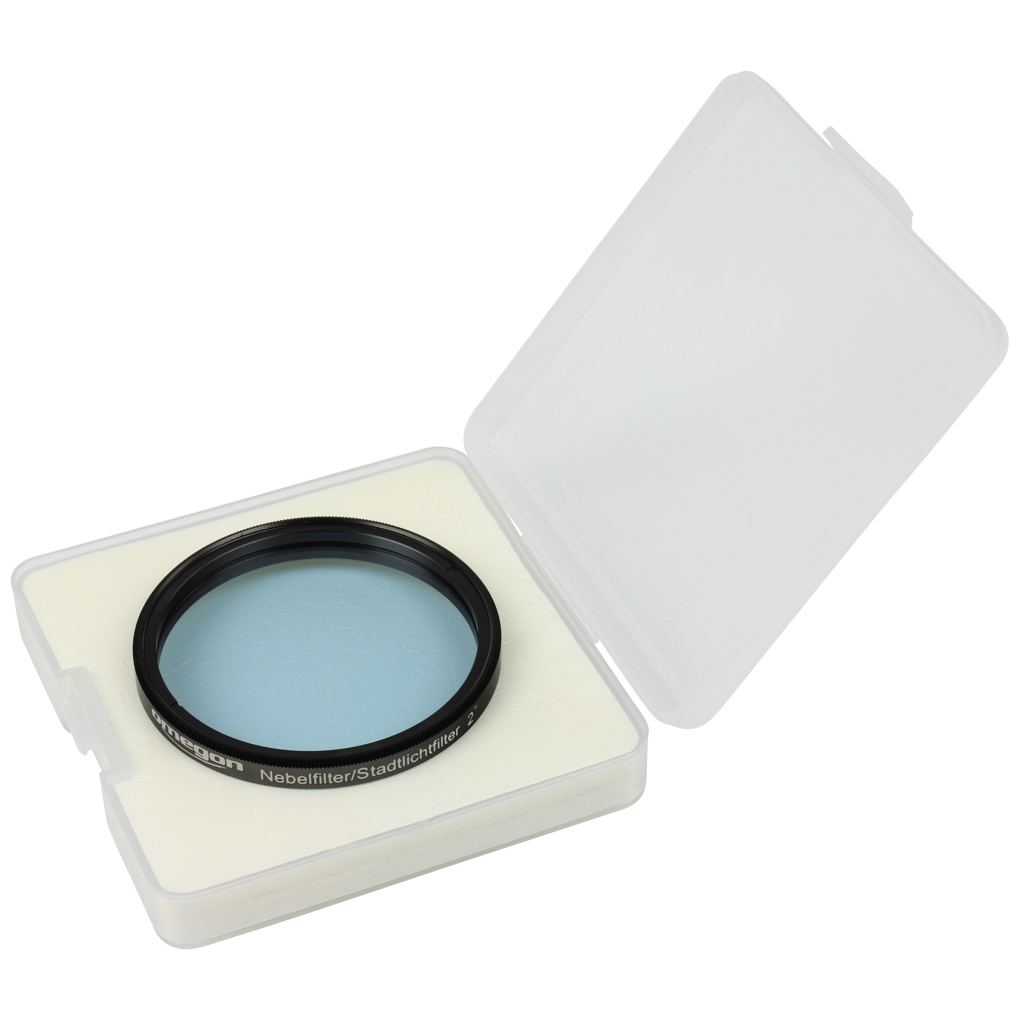 Offene, transparente Hülle mit einem schwarzen Ringfilter darin. Der Filter hat blaues Glas und liegt auf Schaumstoff.