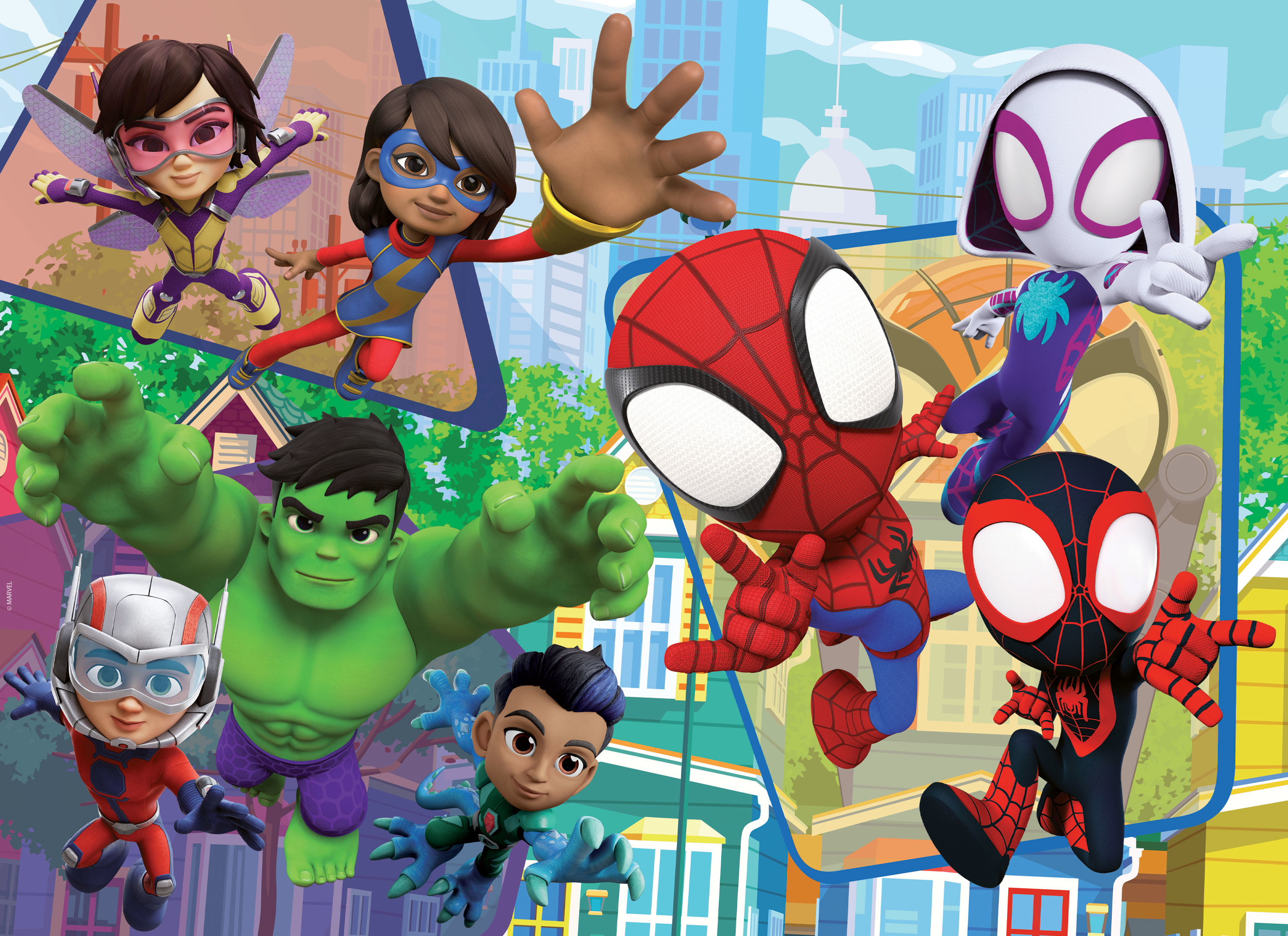 Marvel-Superhelden in Aktion. Spider-Man, Hulk und andere sind in einer lebendigen Comic-Illustration zu sehen.