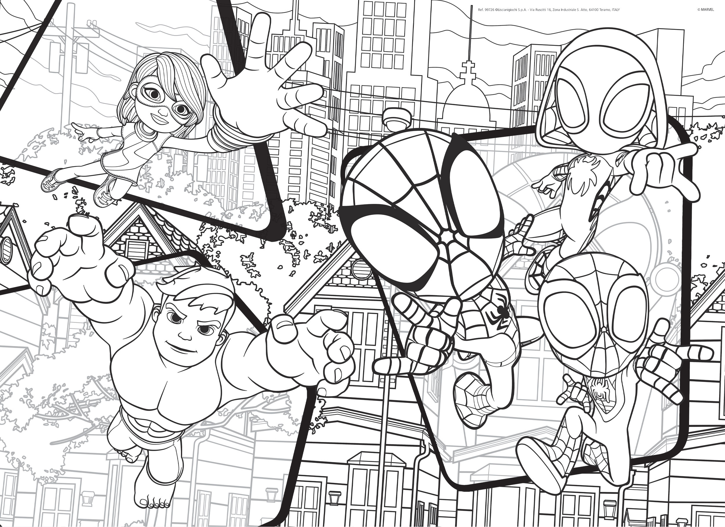 Comic-Bild von Superhelden, die über eine Stadt fliegen, darunter Spider-Man und andere Charaktere, alles in Schwarzweiß.