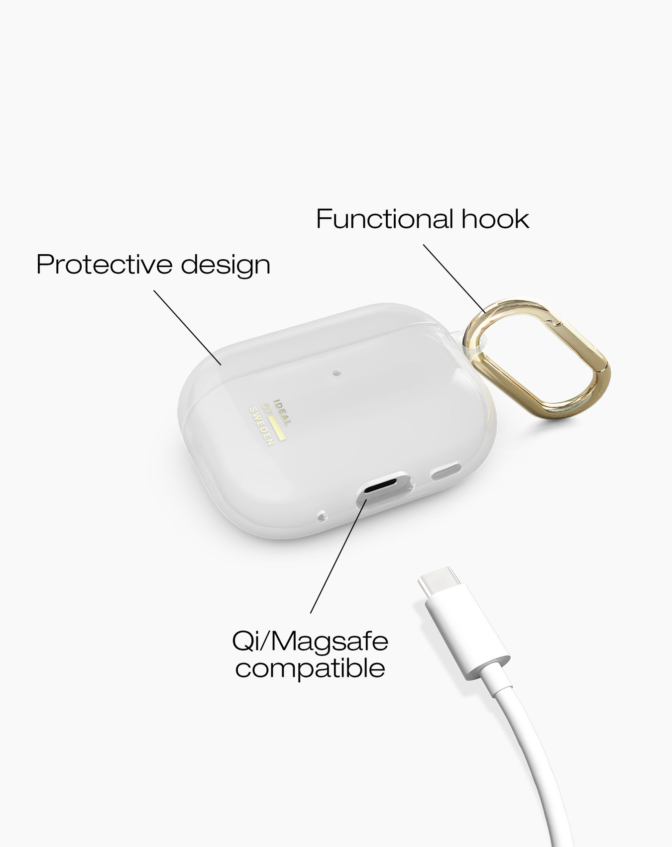 Eine weiße AirPods-Hülle mit goldenem Haken, weißem Ladekabel und Beschriftungen: Schutzdesign, Funktionshaken, Qi/Magsafe-kompatibel.