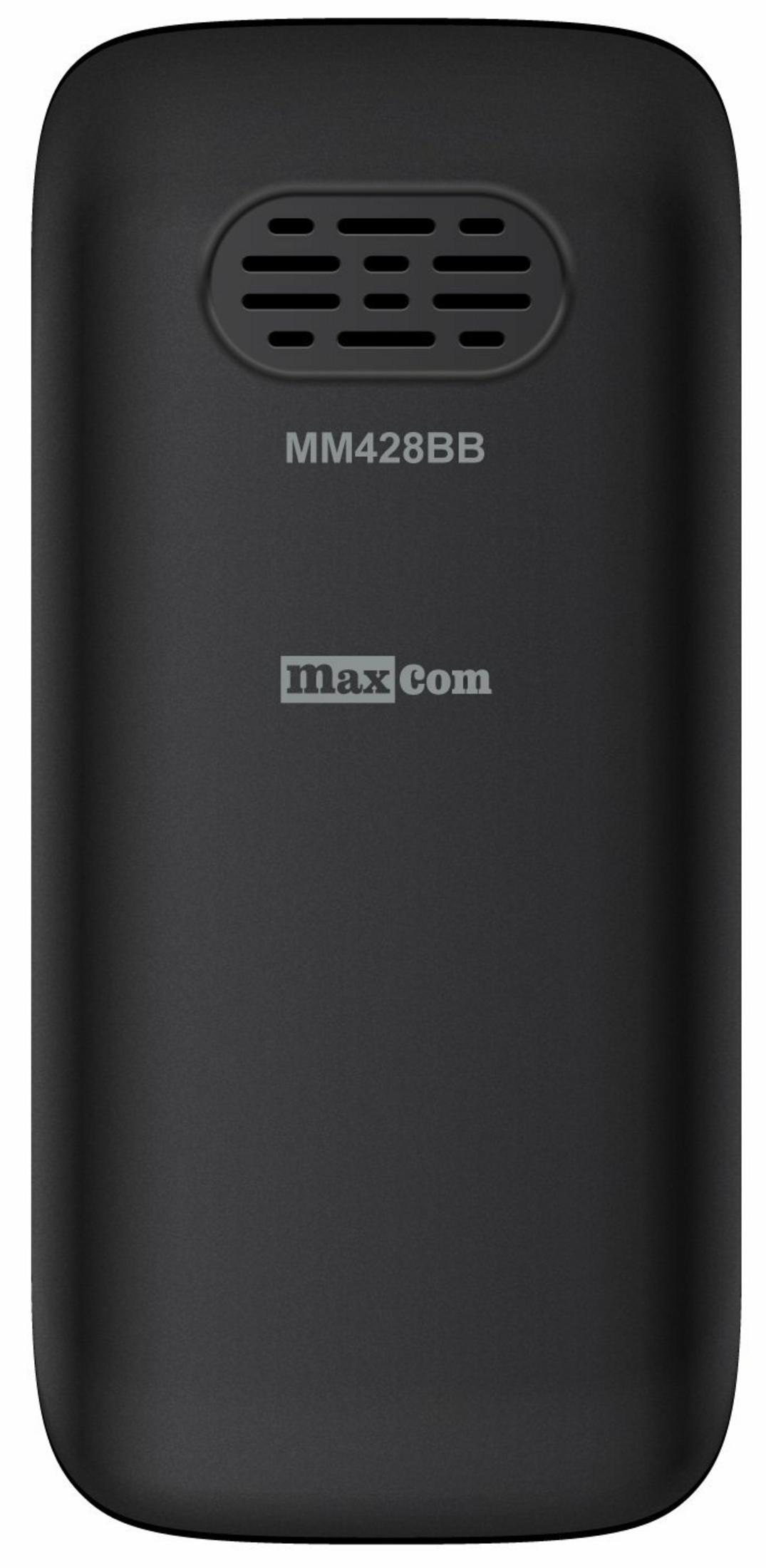 Ein schwarzes Gerät mit abgerundeten Kanten. Es hat einen Lautsprecher, Text 'MM428BB' und ein 'max Com'-Logo.