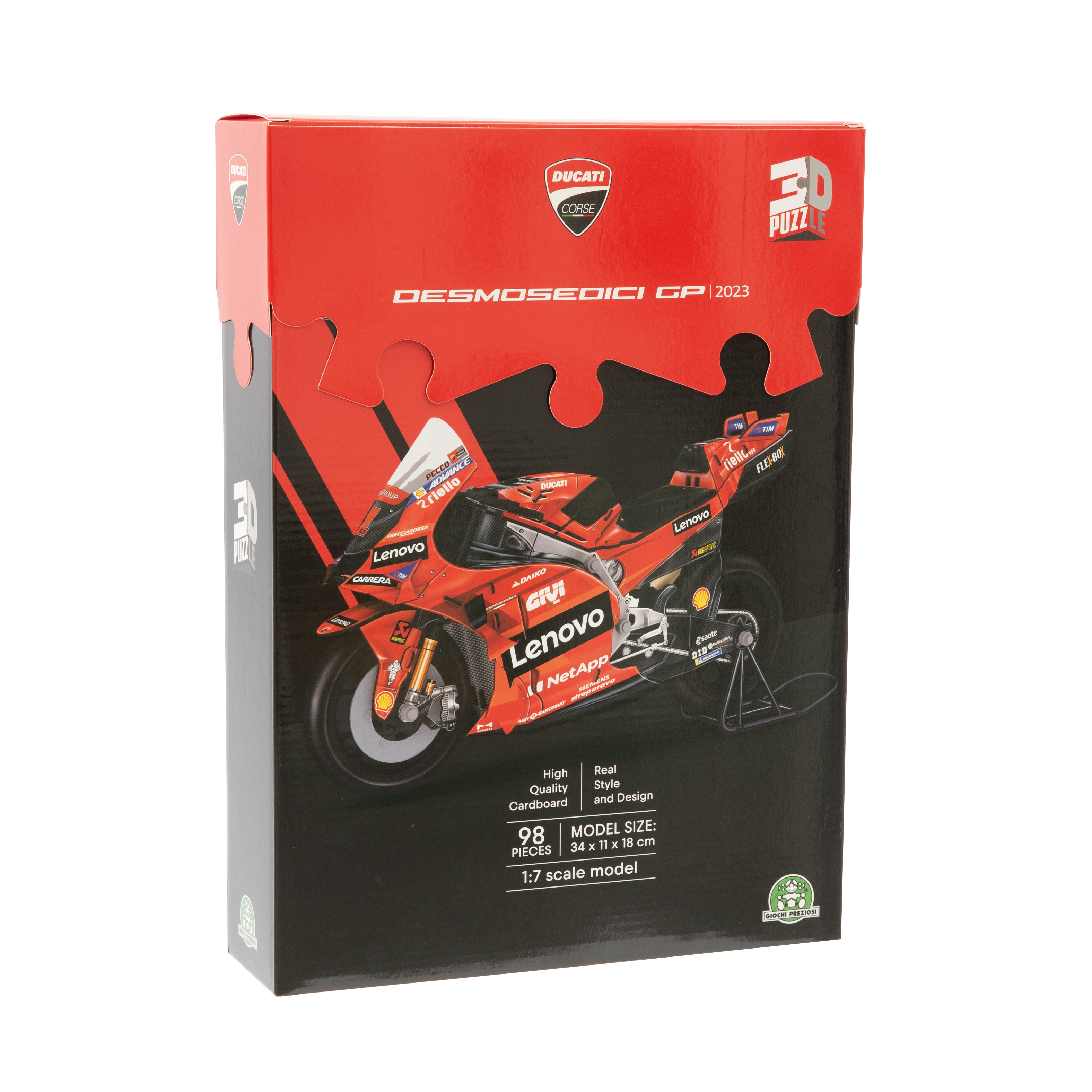 Pudełko z puzzlami 3D Ducati Desmosedici GP 2023. Model w skali 1:7, 98 elementów.