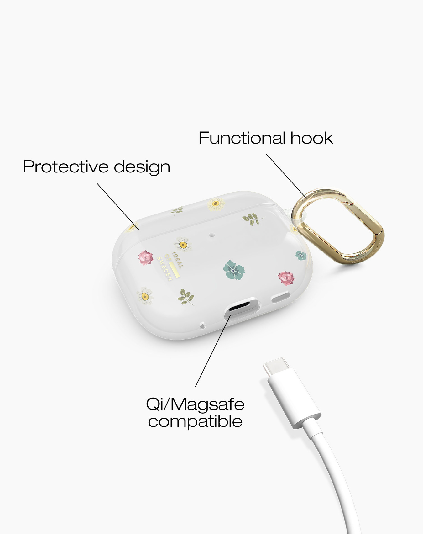 Weißes AirPods-Case mit floralem Design, goldenem Haken und weißem Ladekabel. Qi/Magsafe-kompatibel.