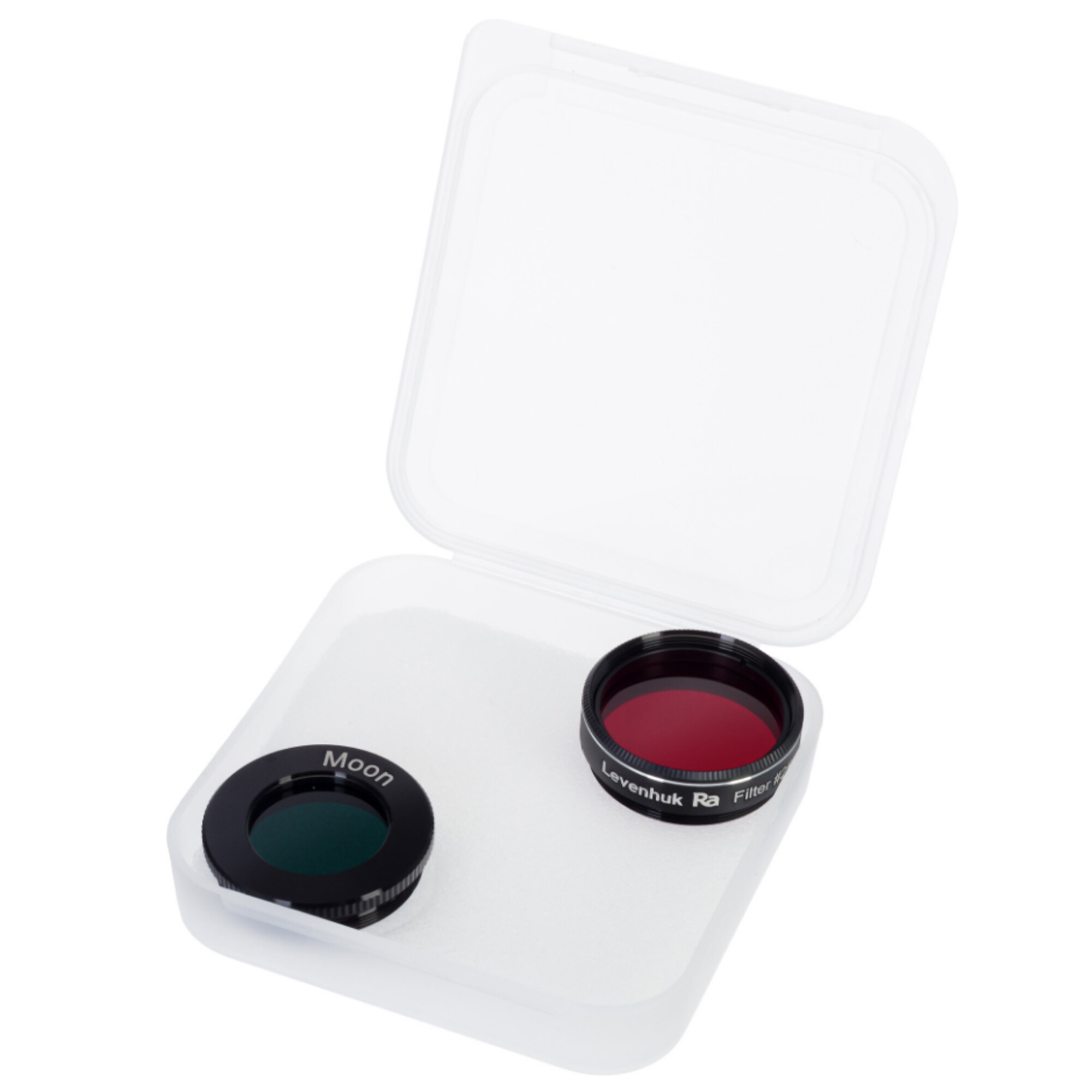 Custodia trasparente aperta con due filtri con bordo nero. Uno ha lente verde ed etichetta 'Moon', l'altro lente rossa ed etichetta 'Levenhuk'.