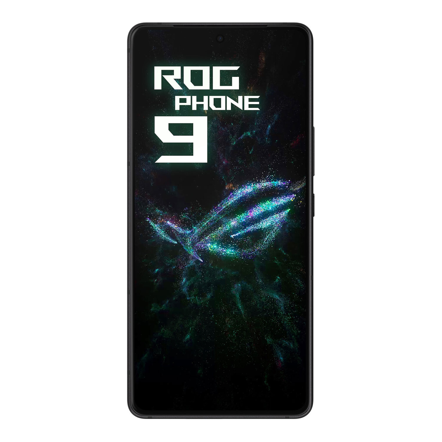 Ein schwarzes Smartphone zeigt das ROG Phone 9 Logo und ein farbenfrohes Design auf dem Bildschirm.
