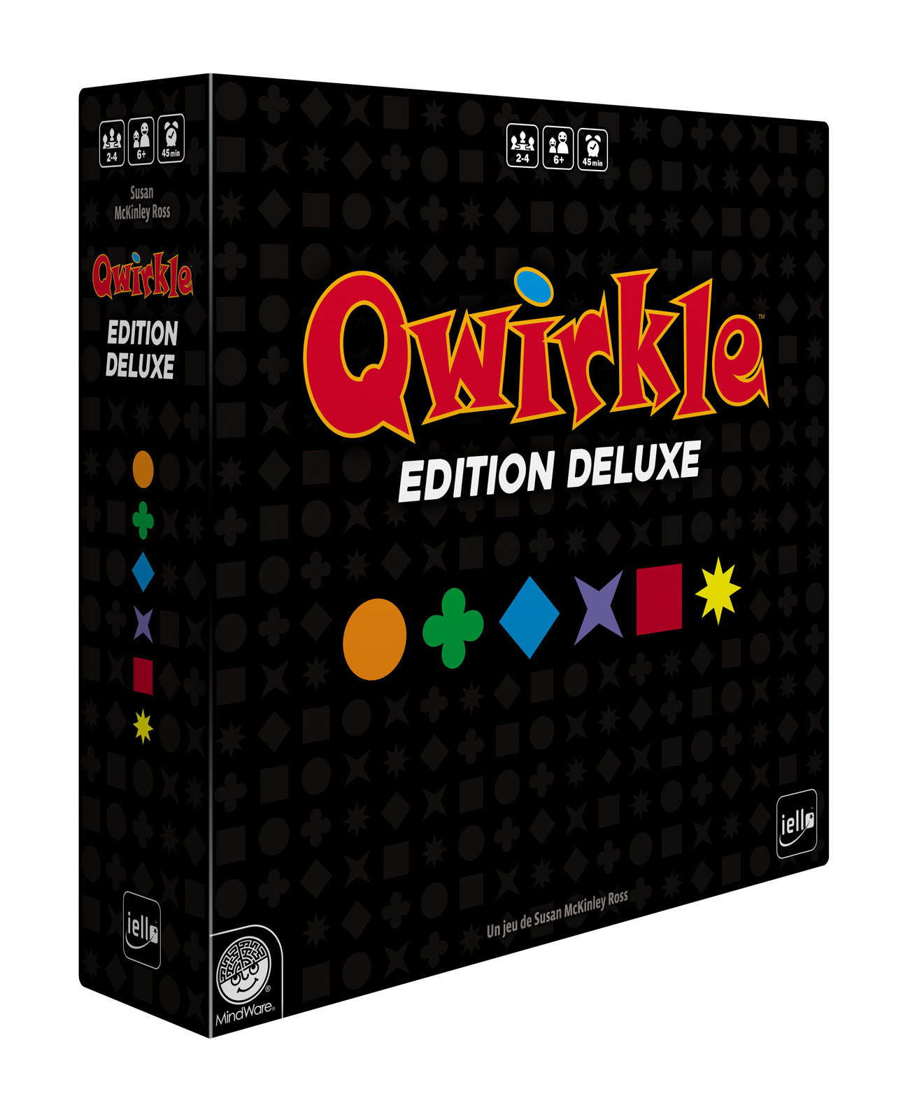 Eine schwarze Qwirkle Edition Deluxe Box mit bunten Formen und dem roten Qwirkle Logo. Text enthält Altersspanne und Spielzeit.