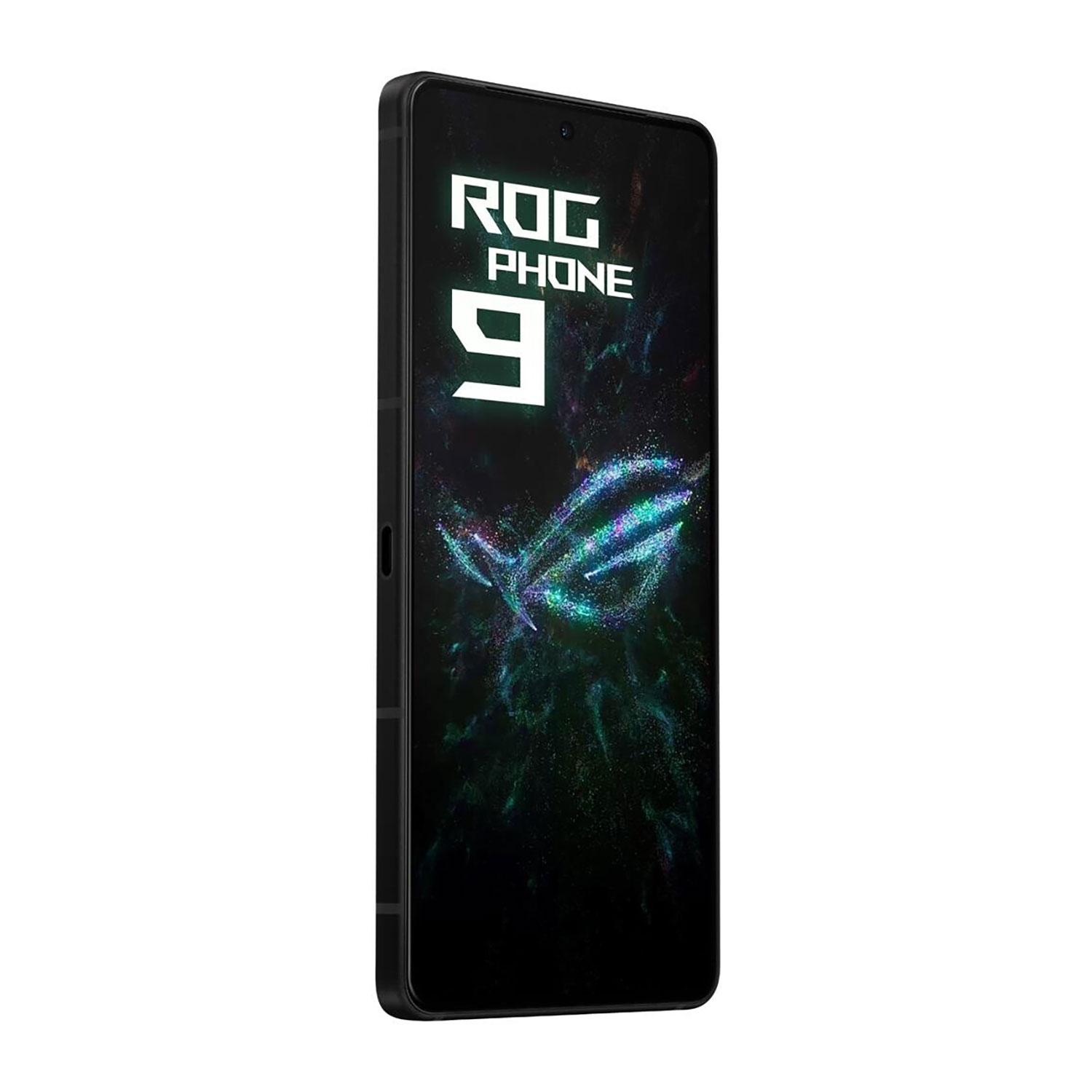 Schwarzes Smartphone mit ROG PHONE 9 Logo auf dem Bildschirm und einem abstrakten Design. Das Telefon ist leicht nach rechts geneigt.