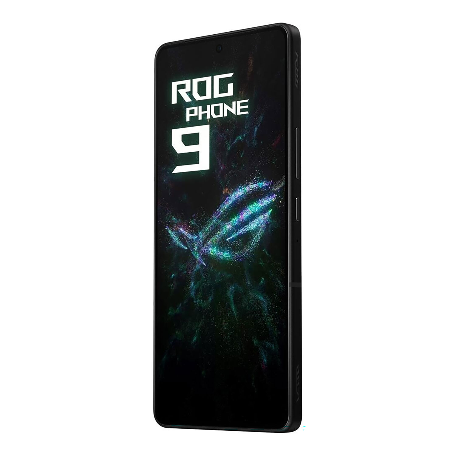 Ein schwarzes ROG Phone 9 Smartphone wird angezeigt. Der Bildschirm zeigt das ROG-Logo und die Zahl 9. Der Hintergrund hat ein grünes und blaues Muster.