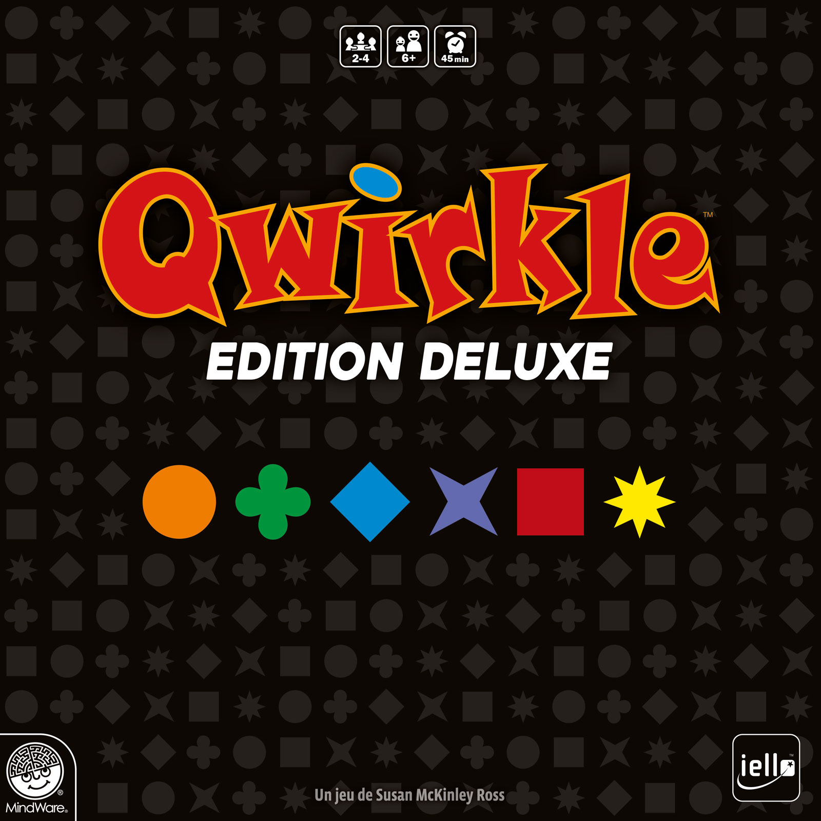 Qwirkle Edition Deluxe Brettspielbox. Enthält den Spieletitel, bunte Formen und das MindWare-Logo auf schwarzem Hintergrund.