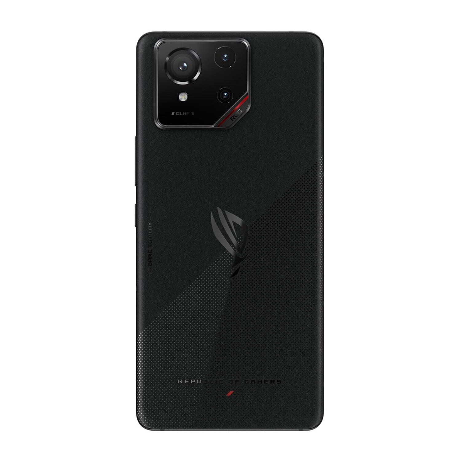 Ein schwarzes Smartphone mit Dreifachkamera, ROG-Logo und Text 'REPUBLIC OF GAMERS'. Das Telefon hat ein strukturiertes Muster.