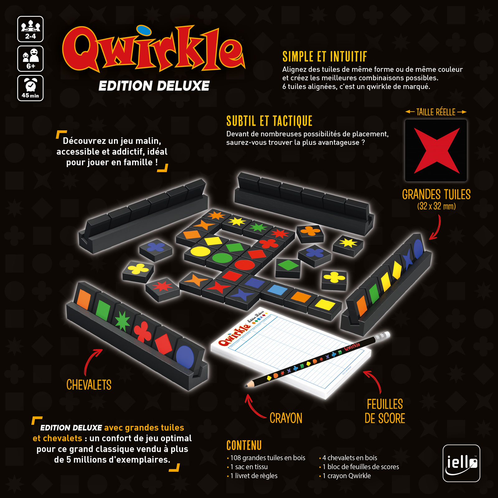 Die Qwirkle Deluxe-Spielbox zeigt Kacheln, Wertungszettel, einen Bleistift und Holzfliesenhalter auf schwarzem Grund.