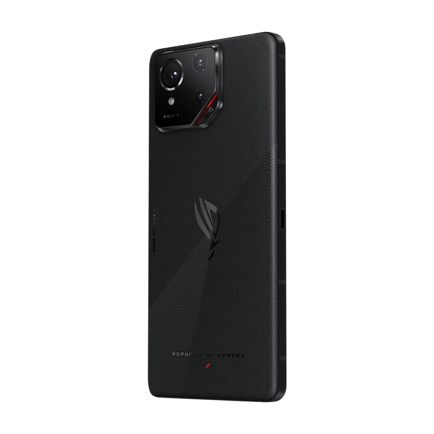 Schwarzes Smartphone mit Dreifachkamera. Auf der Rückseite befindet sich das ROG-Logo und der Text 'REPUBLIC OF GAMERS'.
