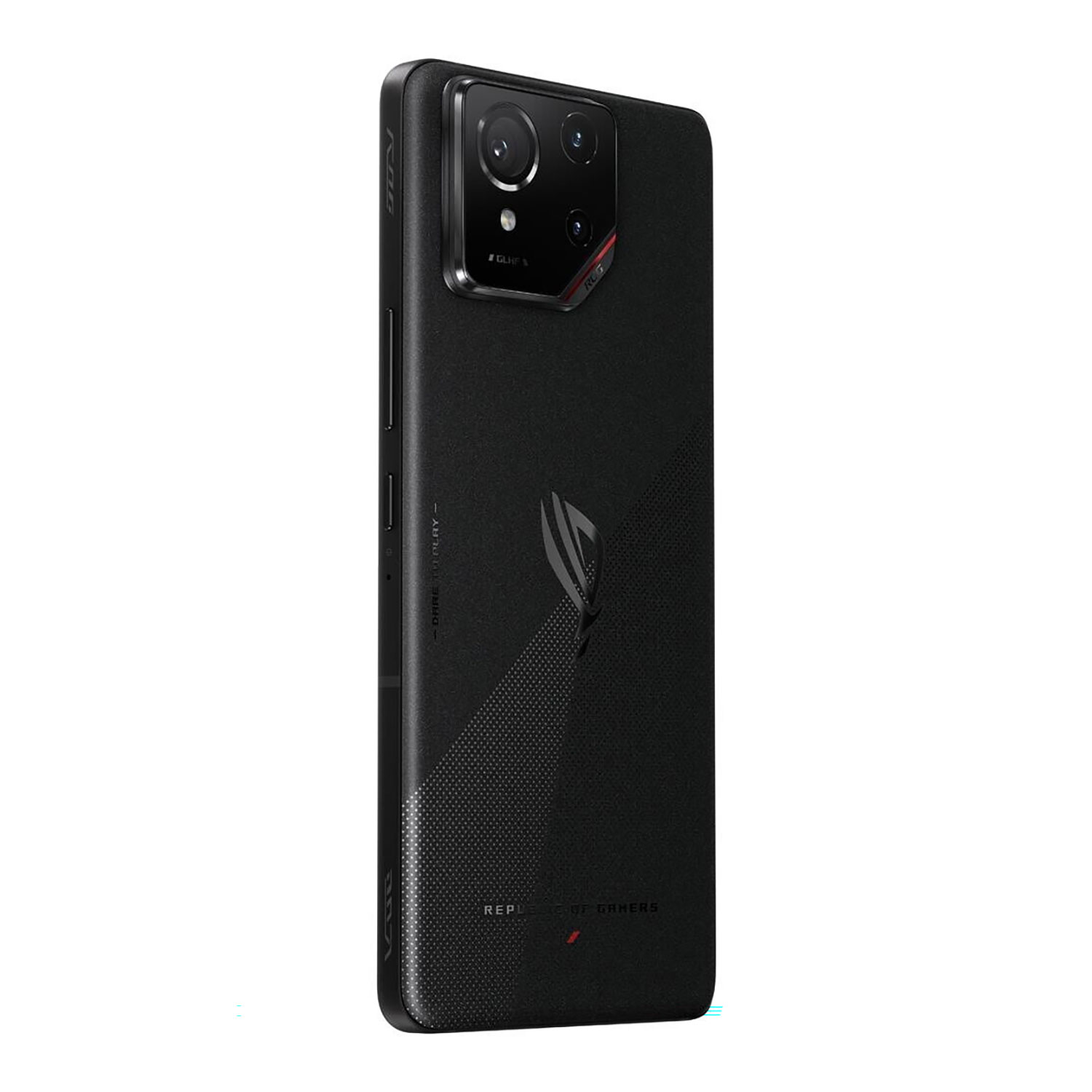Schwarzes Smartphone, schräge Ansicht. Verfügt über eine Dreifach-Kamera, ROG-Logo und Text. Das Telefon hat eine strukturierte Rückseite.