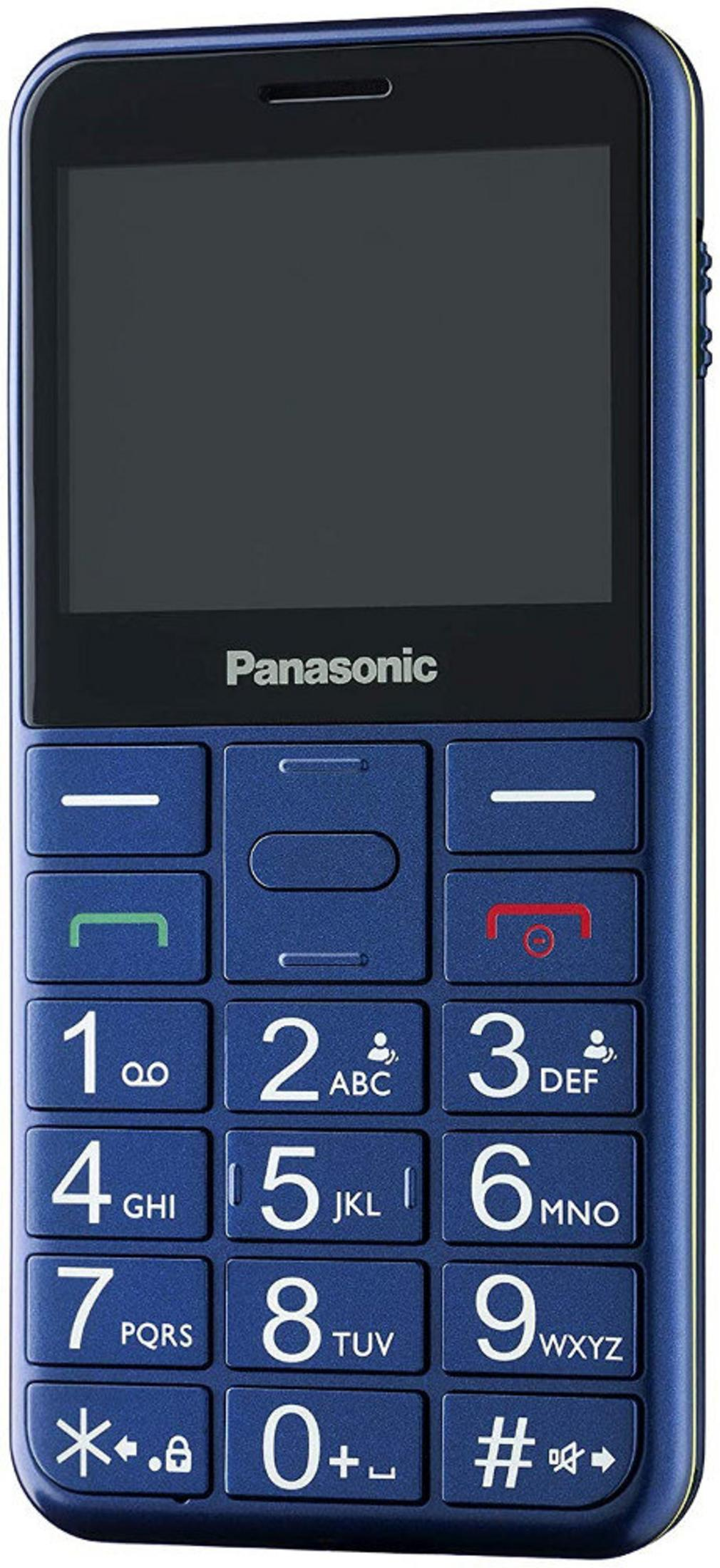 Un teléfono celular Panasonic azul. Tiene pantalla, botones numerados y teclas de función.