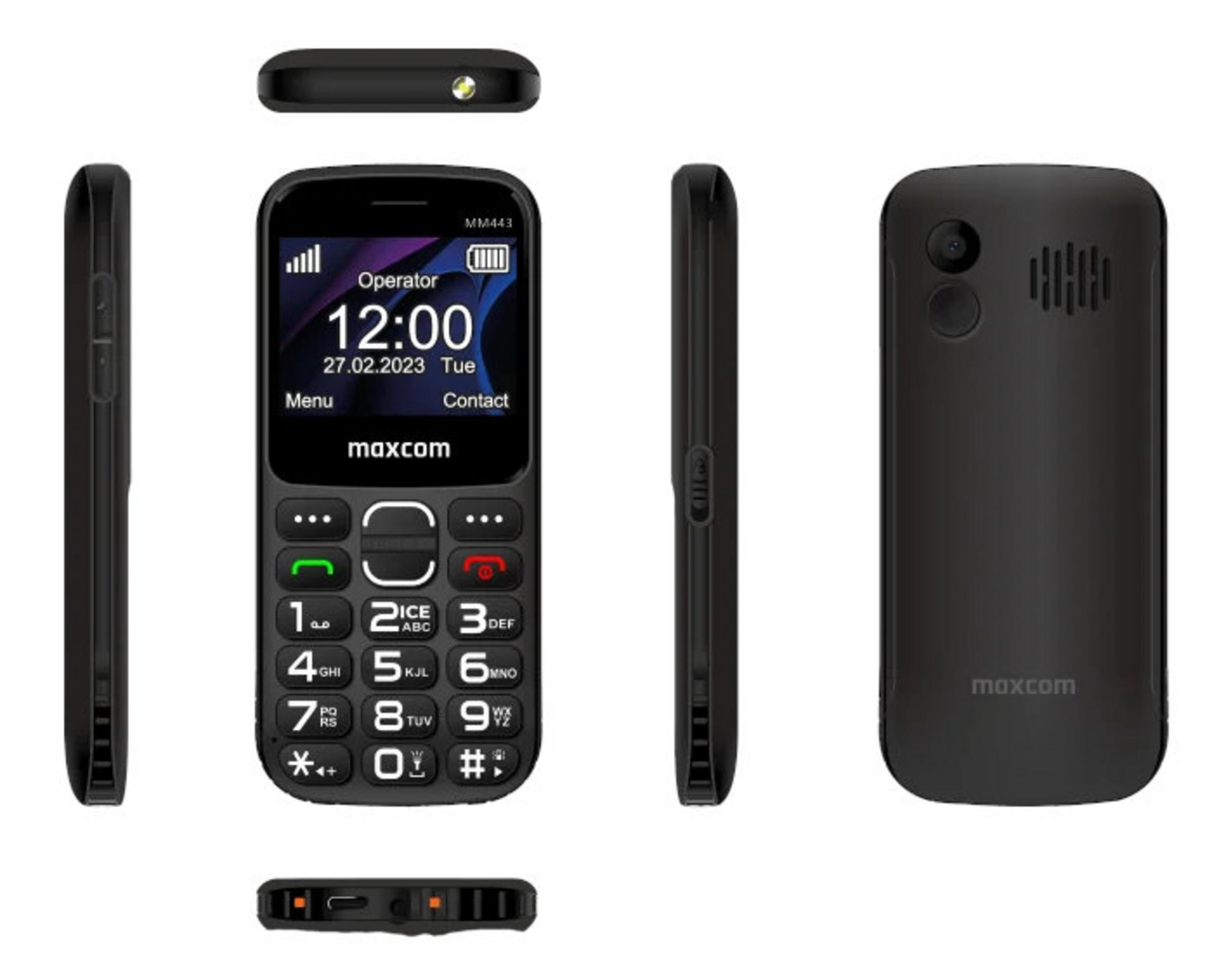 Un telefono cellulare Maxcom nero. Lo schermo mostra l'ora, la data e l'intensità del segnale. Numeri e pulsanti visibili.