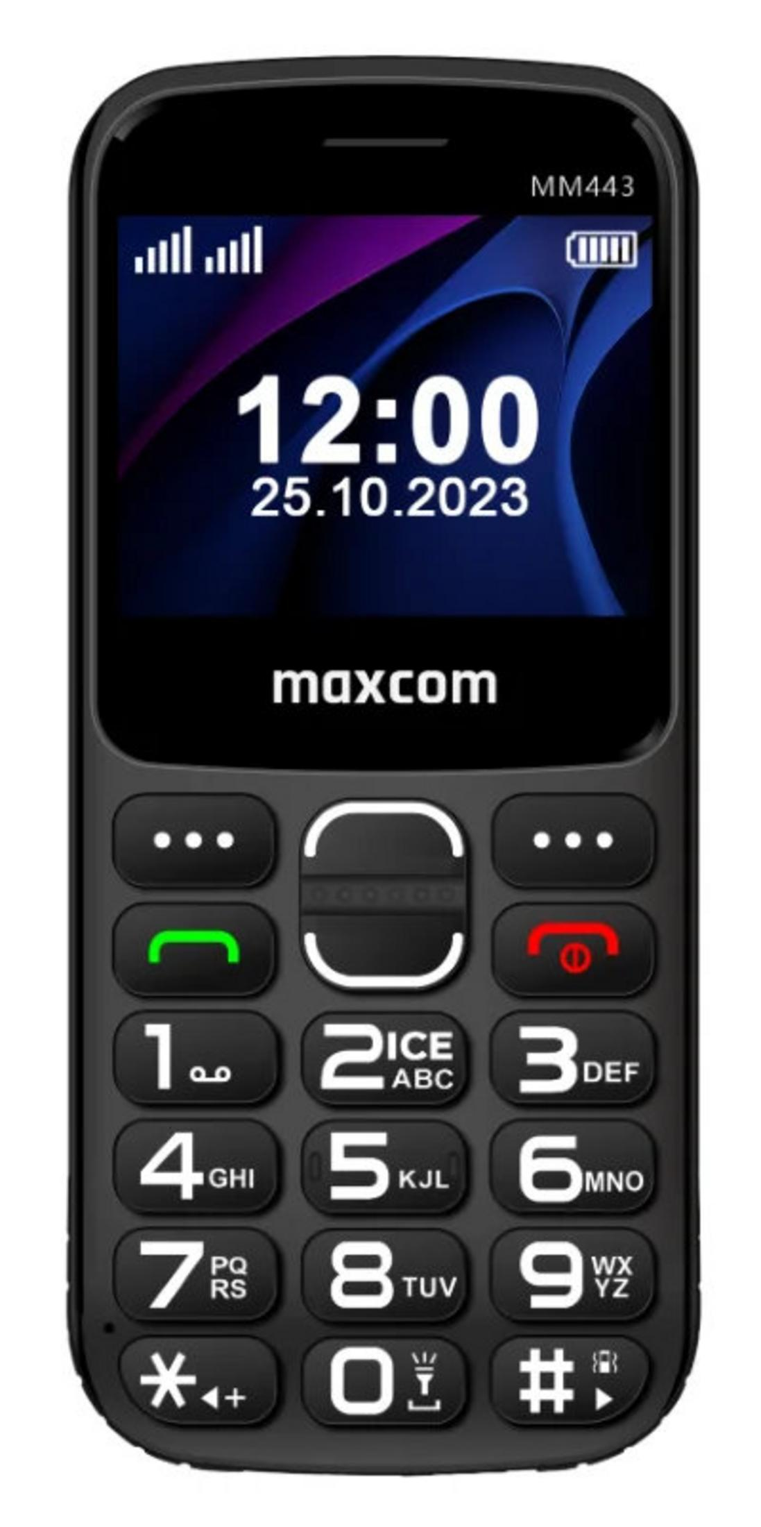 Telefono Maxcom nero mostra ora e data. Ha una tastiera con numeri e tasti funzione. Mostra segnale e batteria.