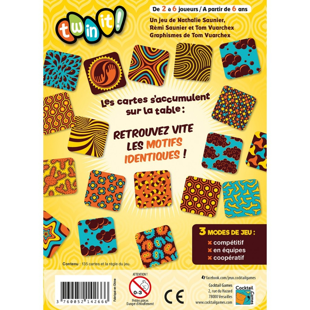 Dos d'une boîte de jeu de société. Il montre des cartes colorées avec des motifs, du texte en français et des détails du jeu.