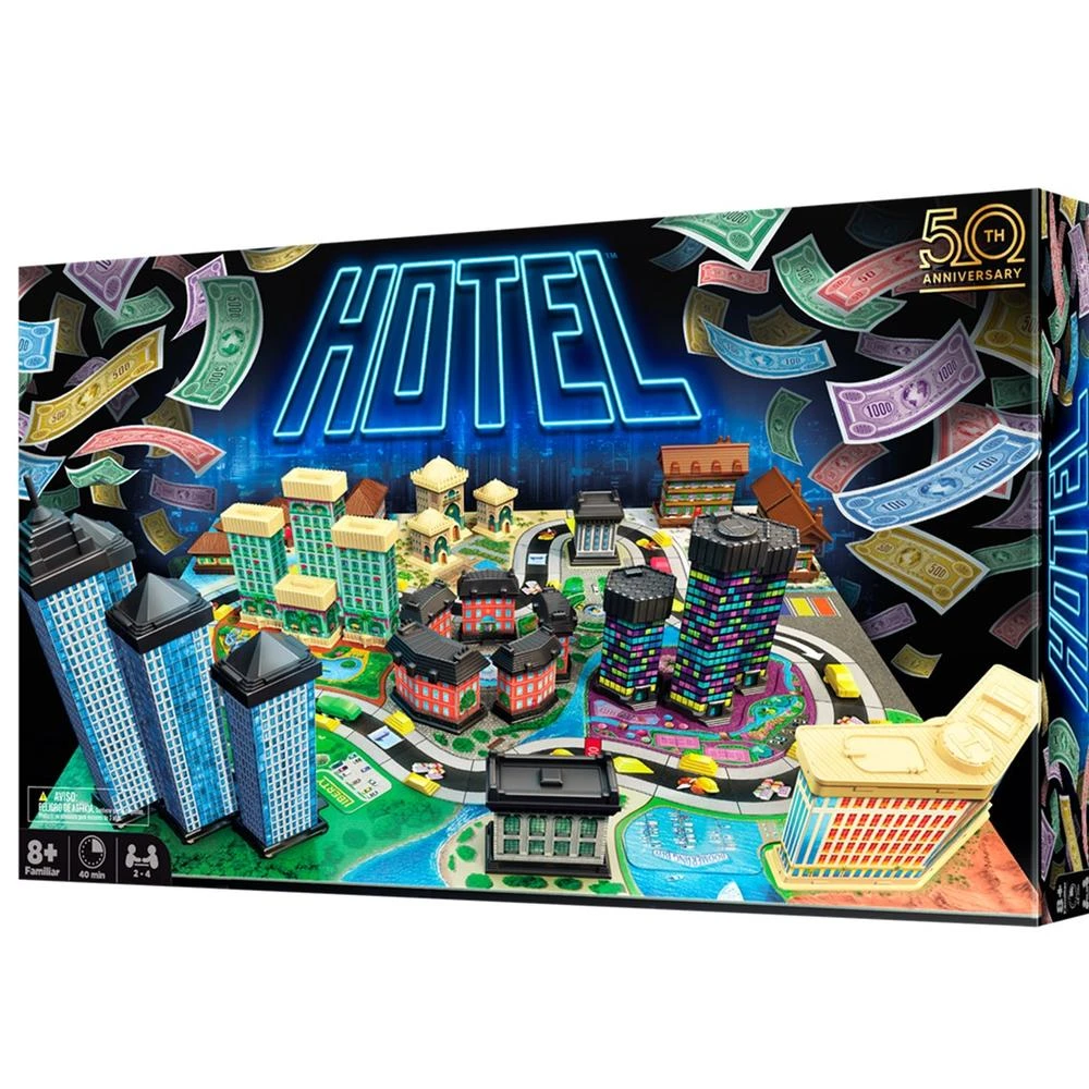 Ein Brettspielkarton. Das Spiel heißt HOTEL. Gebäude und Geld sind abgebildet. Die Box hat ein Logo zum 50-jährigen Jubiläum.