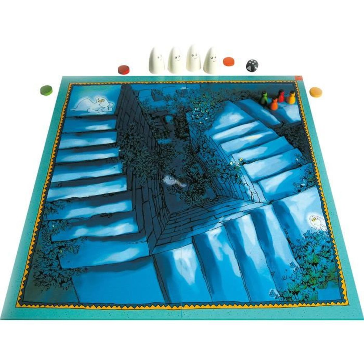 Brettspiel mit blauen Stufen, Geistern und farbigen Spielfiguren. Würfel und Geisterfiguren sind ebenfalls vorhanden. Die Szene ist auf weißem Grund.