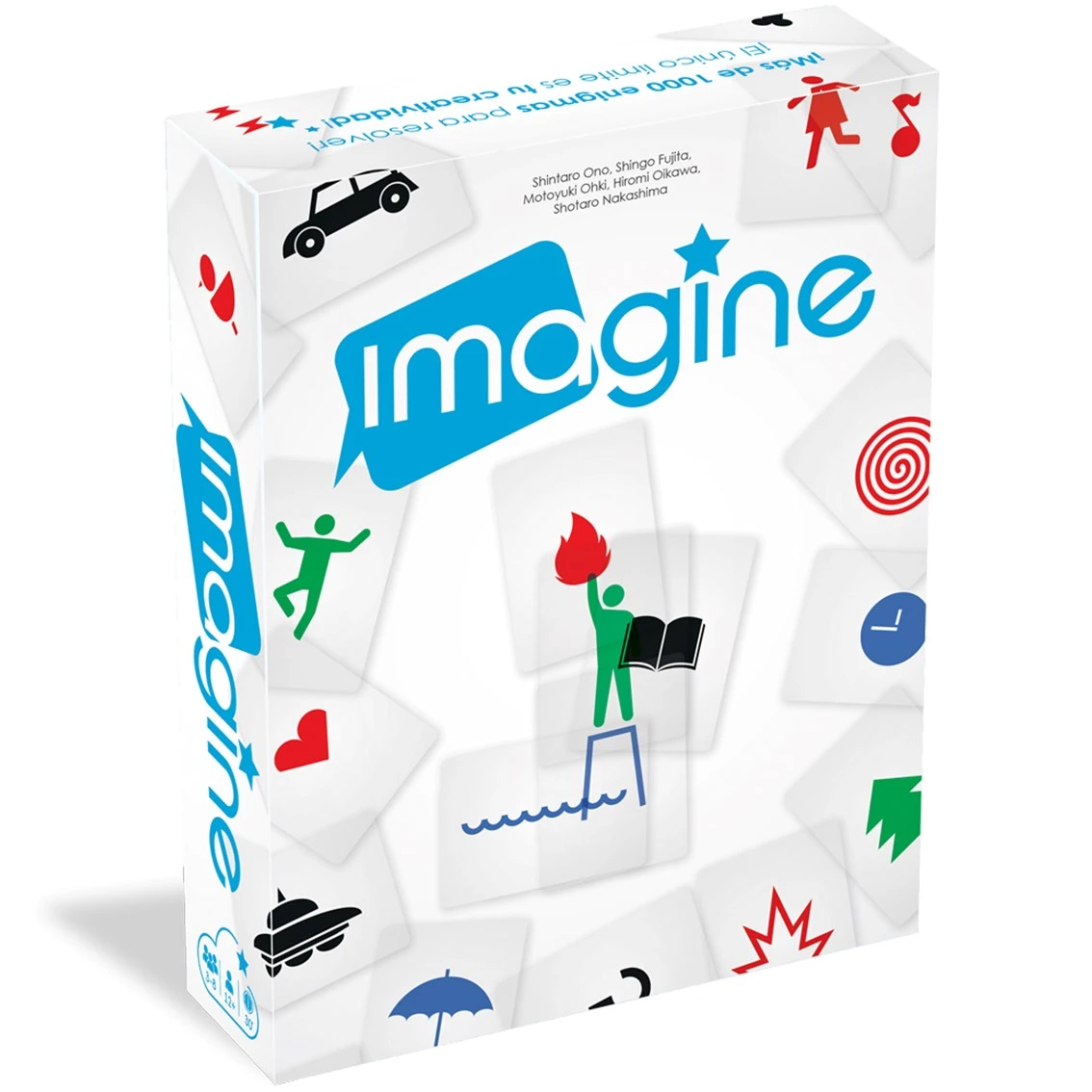 Una caja de juego titulada 'Imagine'. Presenta varios iconos como un coche, una persona corriendo, un corazón, un libro y otros símbolos.