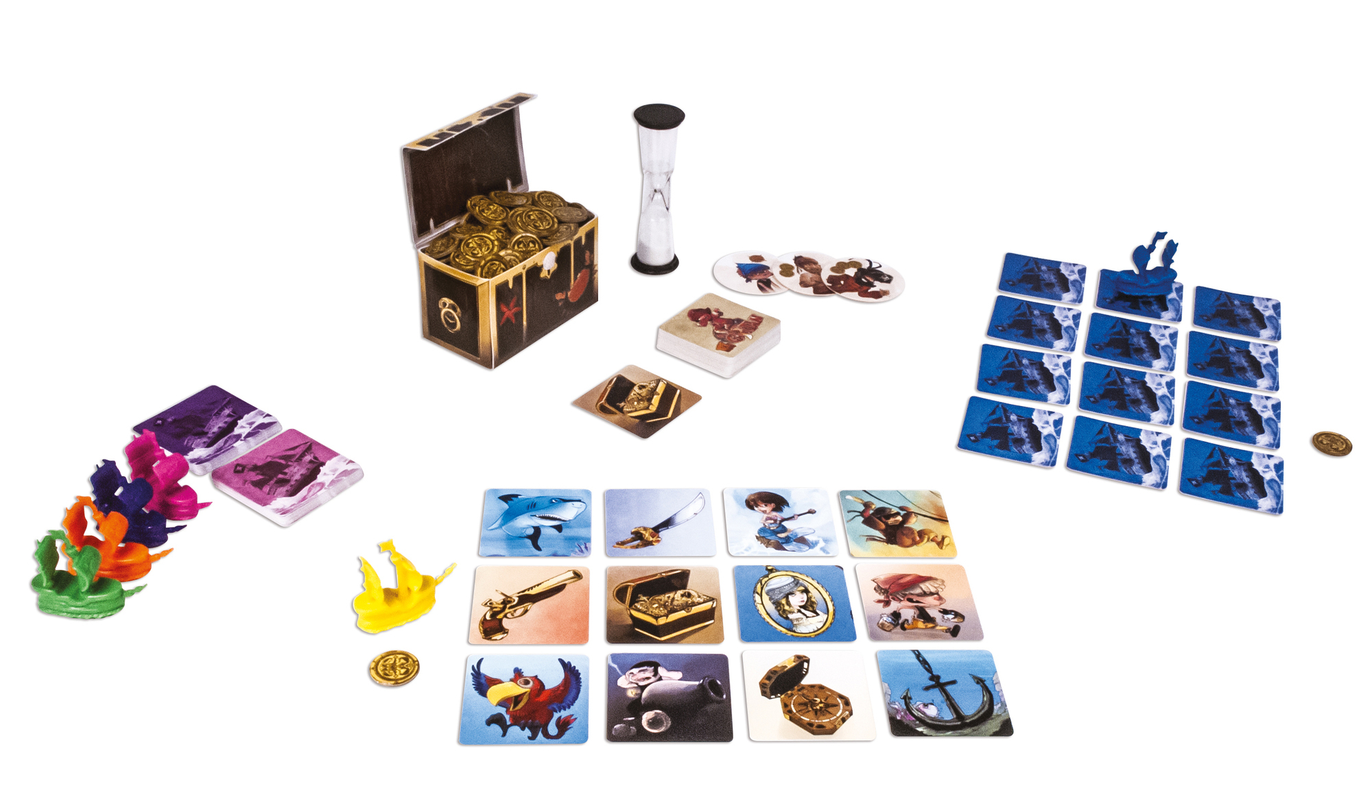 Ein Piraten-Brettspiel mit Schatzkiste, Sanduhr, Karten und Spielsteinen auf weißem Hintergrund.