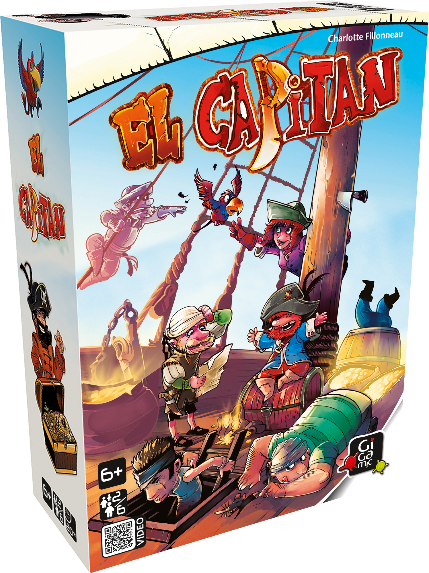 Schachtelkunst für das Brettspiel El Capitan. Piraten auf einem Schiff, der Titel in großen Buchstaben, ein Papagei und eine Truhe.