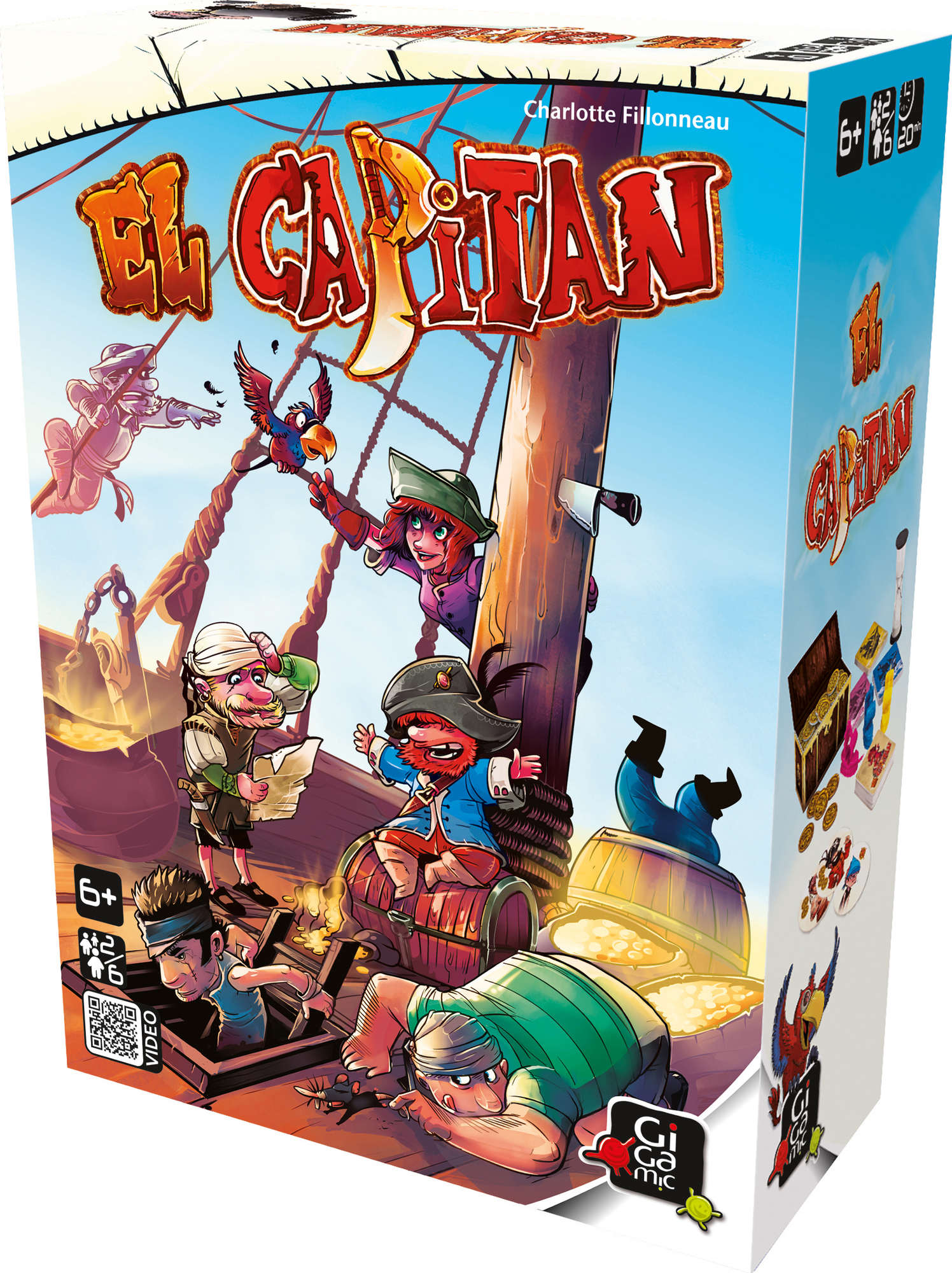 Die Spielbox zeigt Piraten auf einem Schiff. Der Titel lautet "El Capitan". Figuren interagieren miteinander. Ein Papagei sitzt auf dem Mast.