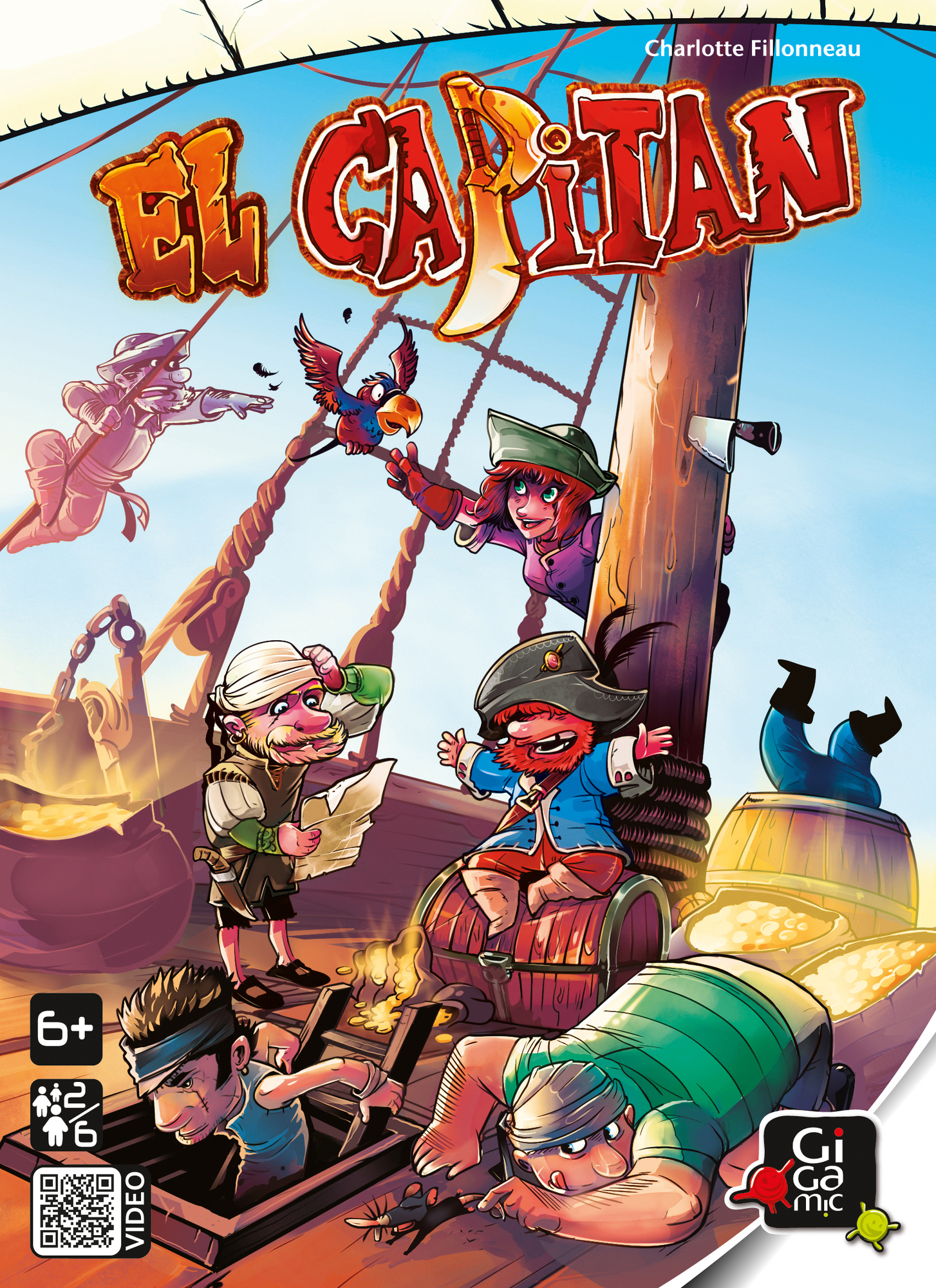 Buntes Brettspielcover. Piraten auf einem Schiff, ein Papagei und der Titel 'El Capitan'. Heller blauer Himmel im Hintergrund.