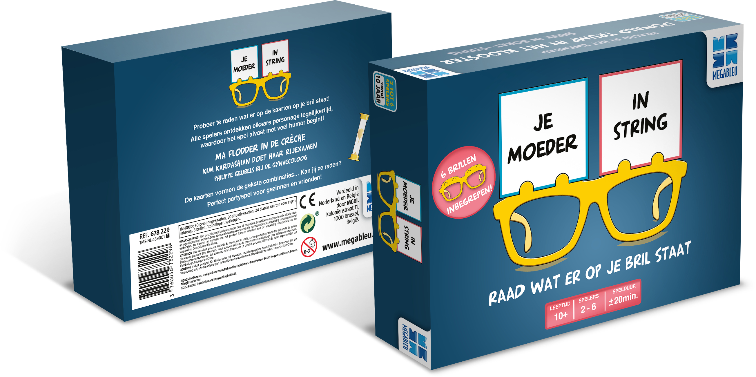 Schachtelkunst für ein Spiel. Sie zeigt Text und Illustrationen von Brillen, Personen und dem Spielnamen.