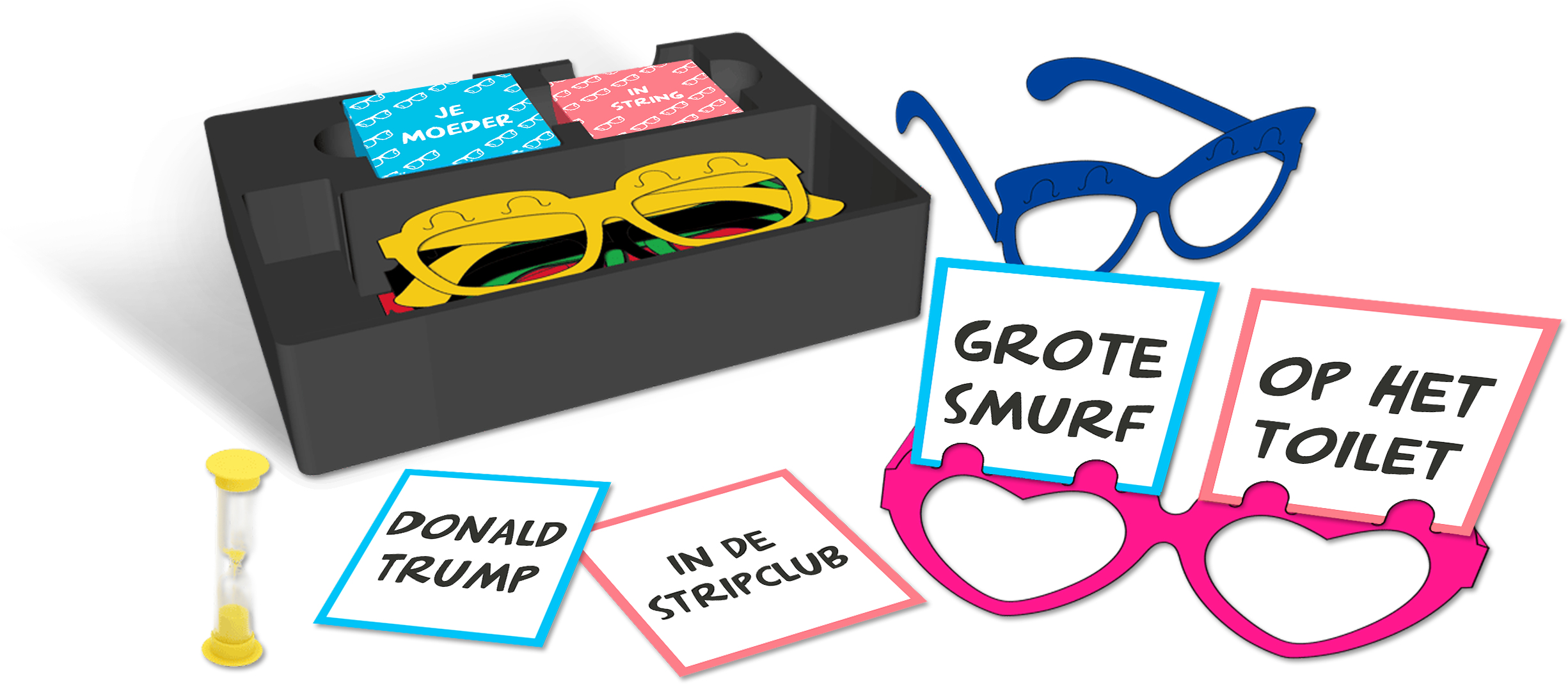 Ein Spiel mit Karten, Brillen und einem Timer. Karten sagen 'Donald Trump', 'In de stripclub', 'Grote Smurf' usw.