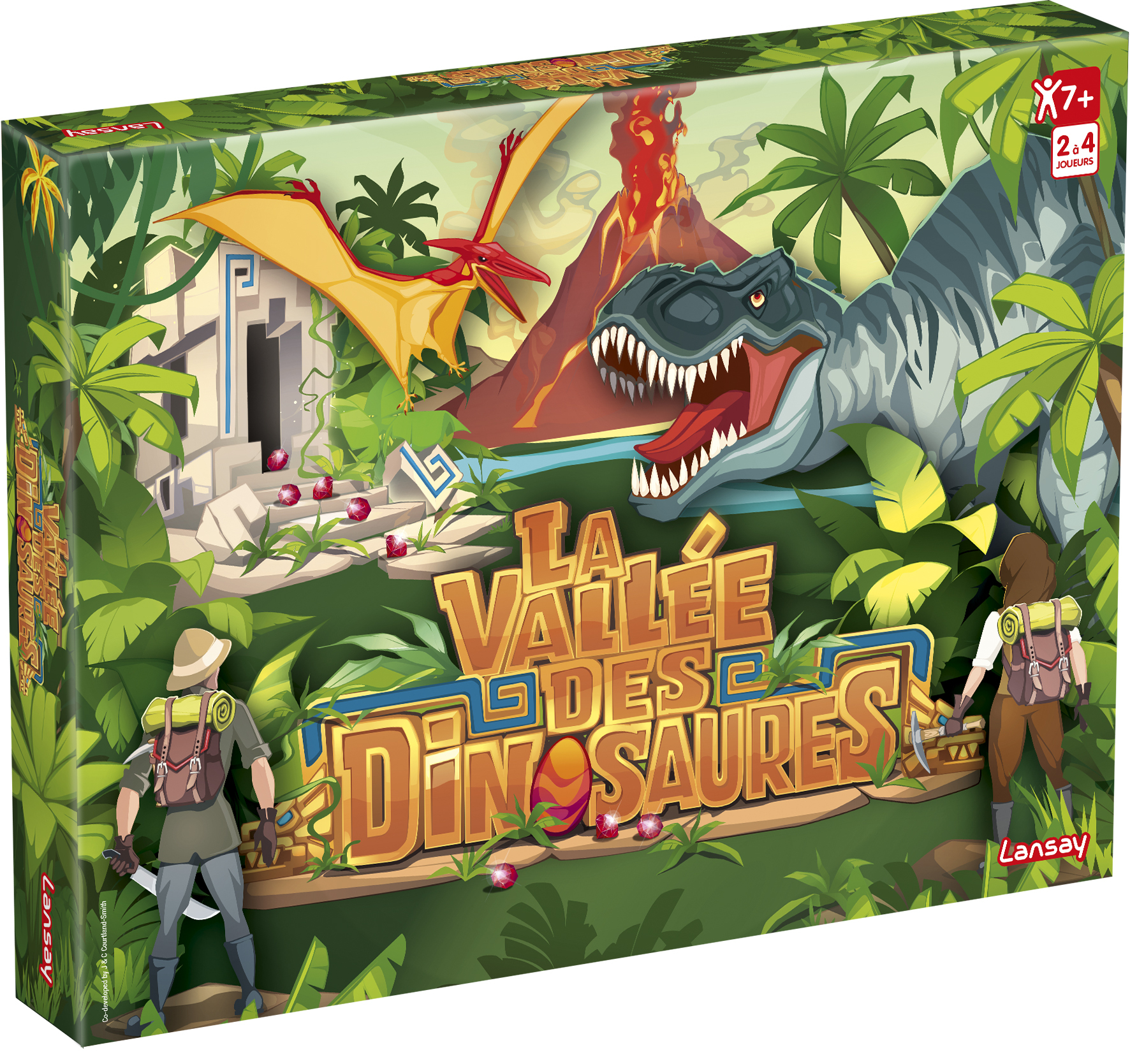 Illustration de boîte pour un jeu de société de dinosaures. Montre un T-Rex, ptérodactyle, volcan et explorateurs dans la jungle.