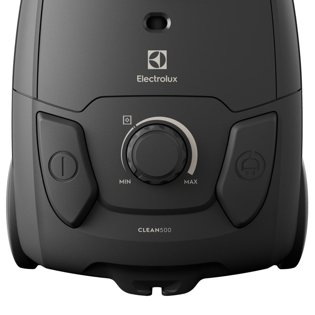 Una aspiradora Electrolux Clean500 gris oscuro. Tiene un dial, botones y el logotipo de Electrolux. El dial ajusta la potencia de la aspiradora.