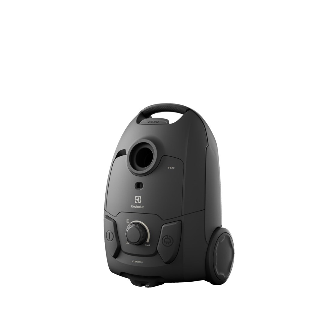Una aspiradora Electrolux gris oscuro. Tiene un asa, una abertura grande, una perilla de control y dos ruedas.
