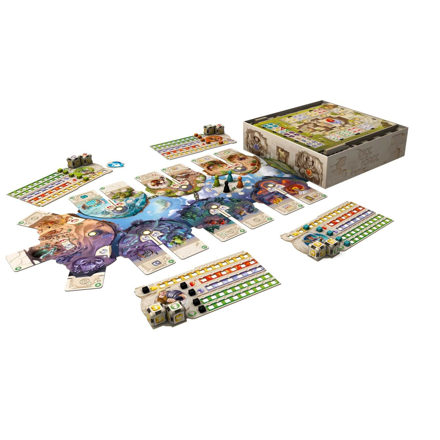 Brettspielkomponenten werden auf einer weißen Oberfläche angezeigt. Das Spiel bietet verschiedene Spielbretter, Würfel, Spielerfiguren und eine Box.