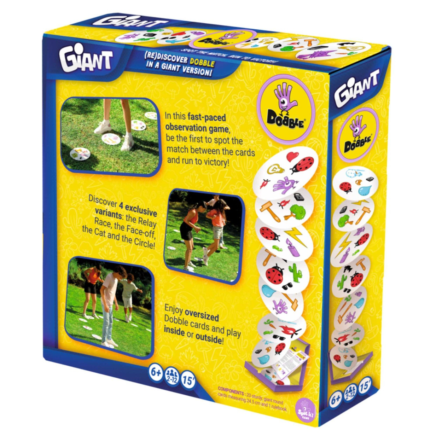 Eine Dobble-Spielbox mit Bildern von spielenden Menschen und Karten mit Symbolen auf gelbem Hintergrund. Das Spiel ist riesig.