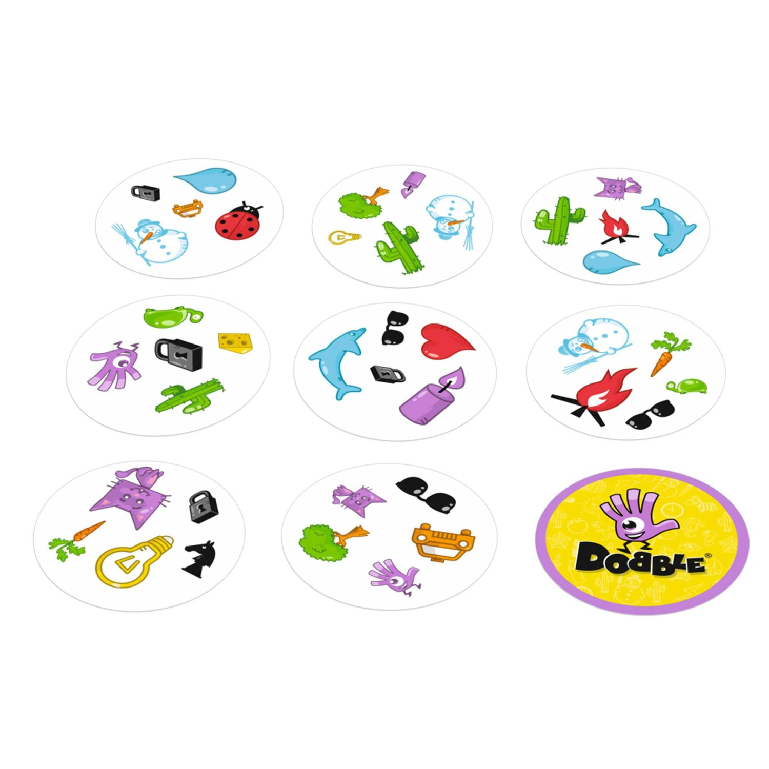 Eine 'Dobble'-Spielkarte mit Kreisen, die jeweils verschiedene Cartoon-Bilder zeigen, wie einen Schneemann, einen Marienkäfer, einen Delphin und ein Herz.