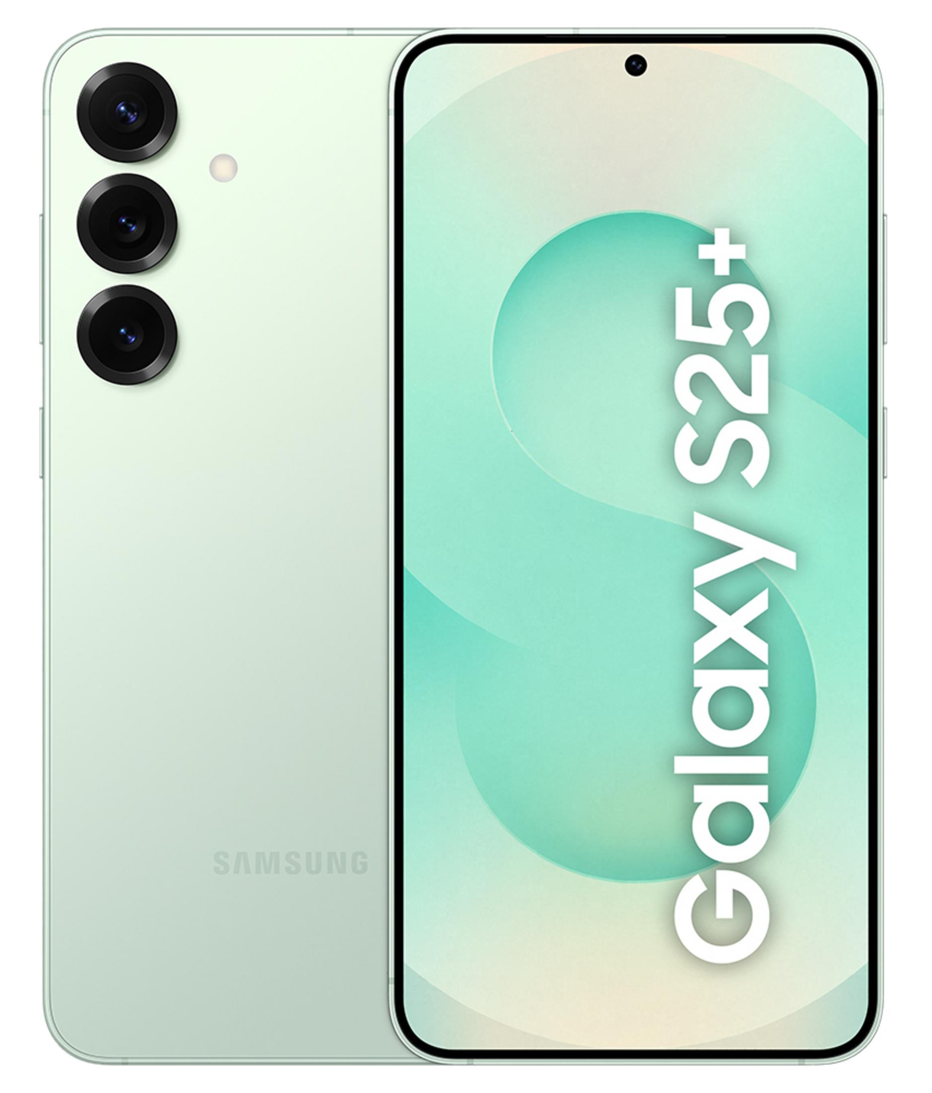 Miętowy zielony telefon Samsung Galaxy S25+. Z tyłu ma trzy aparaty. Ekran wyświetla jasnozielony design.