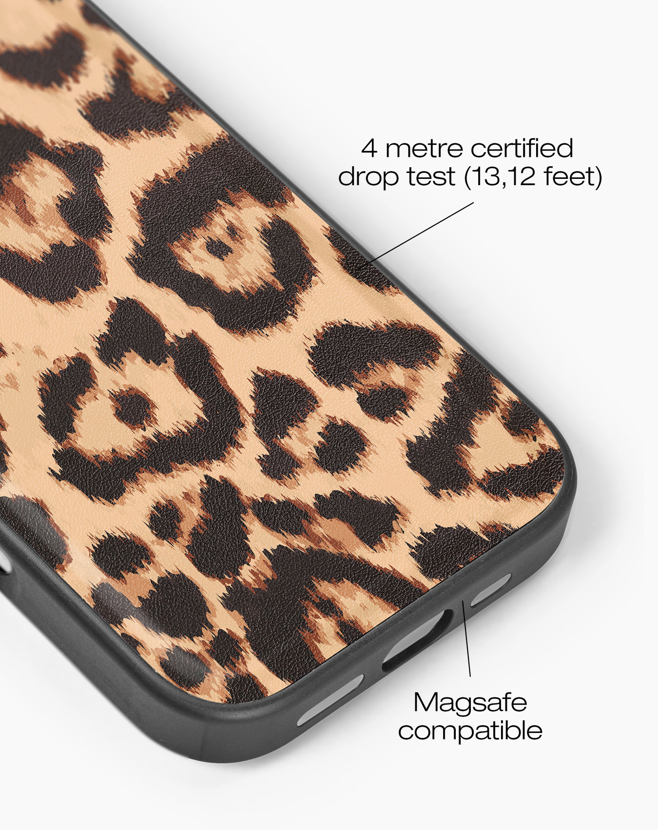 Eine Handyhülle mit Leopardenmuster. Sie ist Magsafe-kompatibel und sturzsicher bis zu 4 Metern.