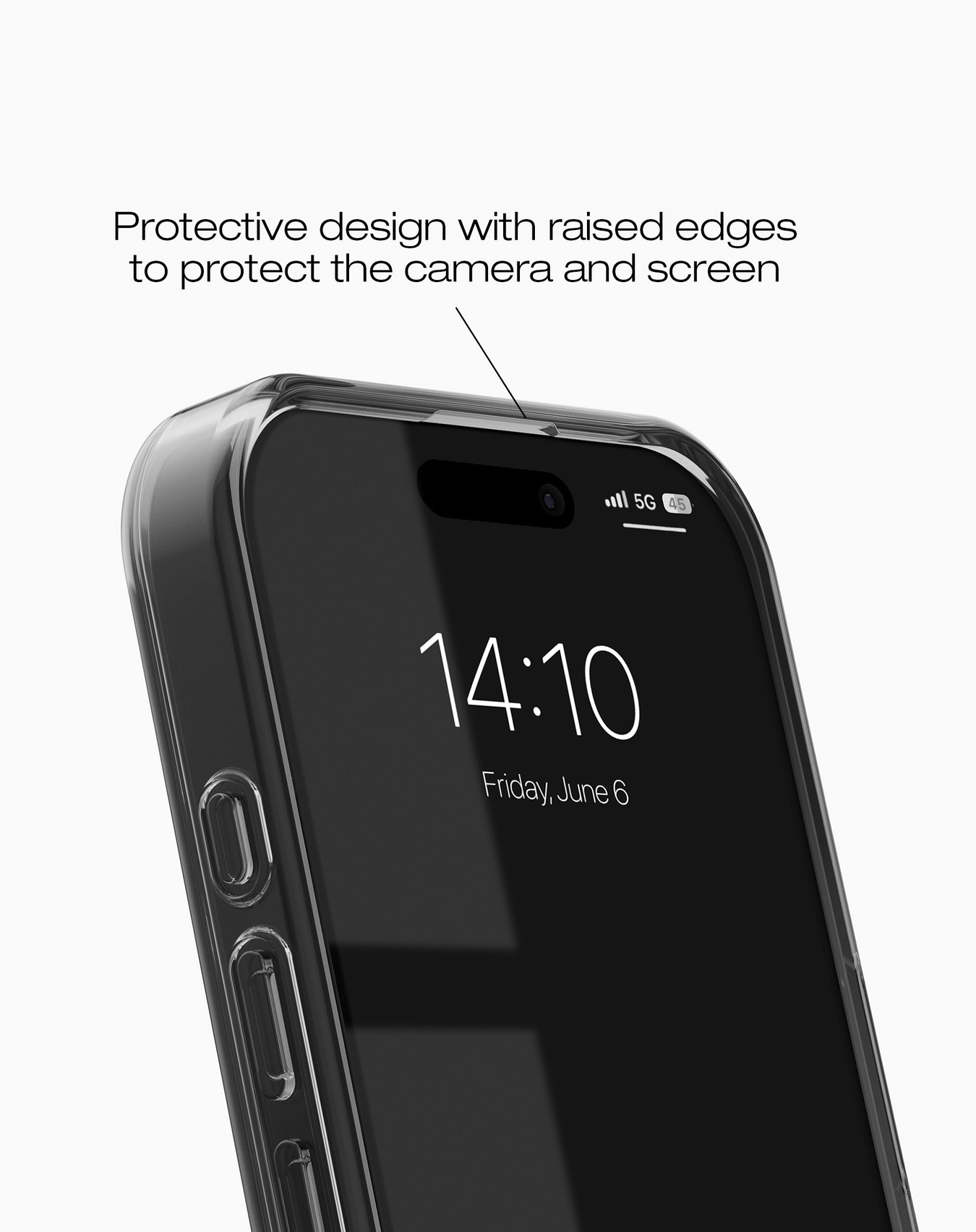 Ein Telefon in einer transparenten Hülle. Der Bildschirm zeigt die Uhrzeit 14:10 und das Datum Freitag, 6. Juni. Text sagt: Schutzdesign.