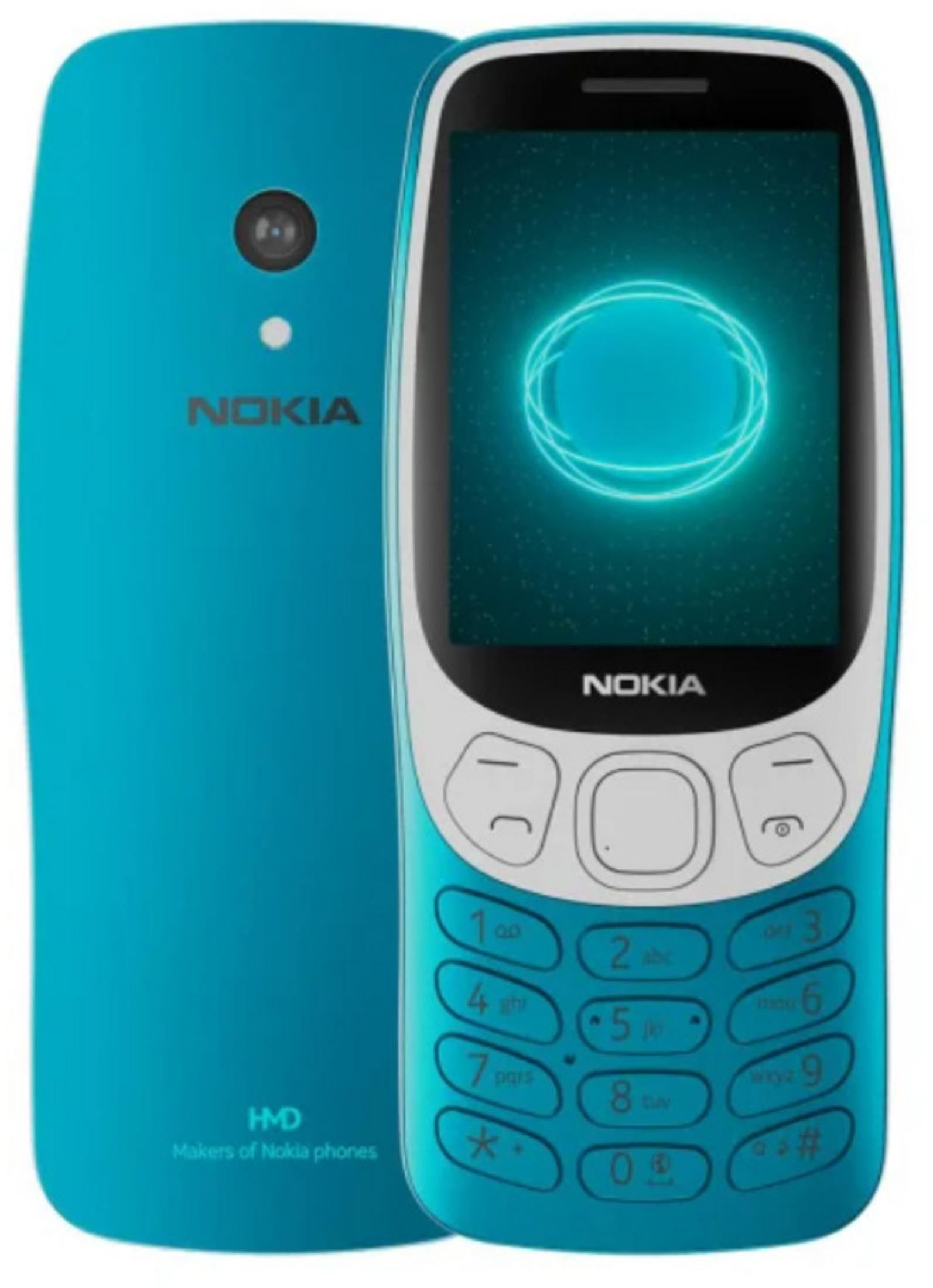 Un telefono Nokia turchese con schermo luminoso, tastiera e fotocamera posteriore. Il logo Nokia è visibile.