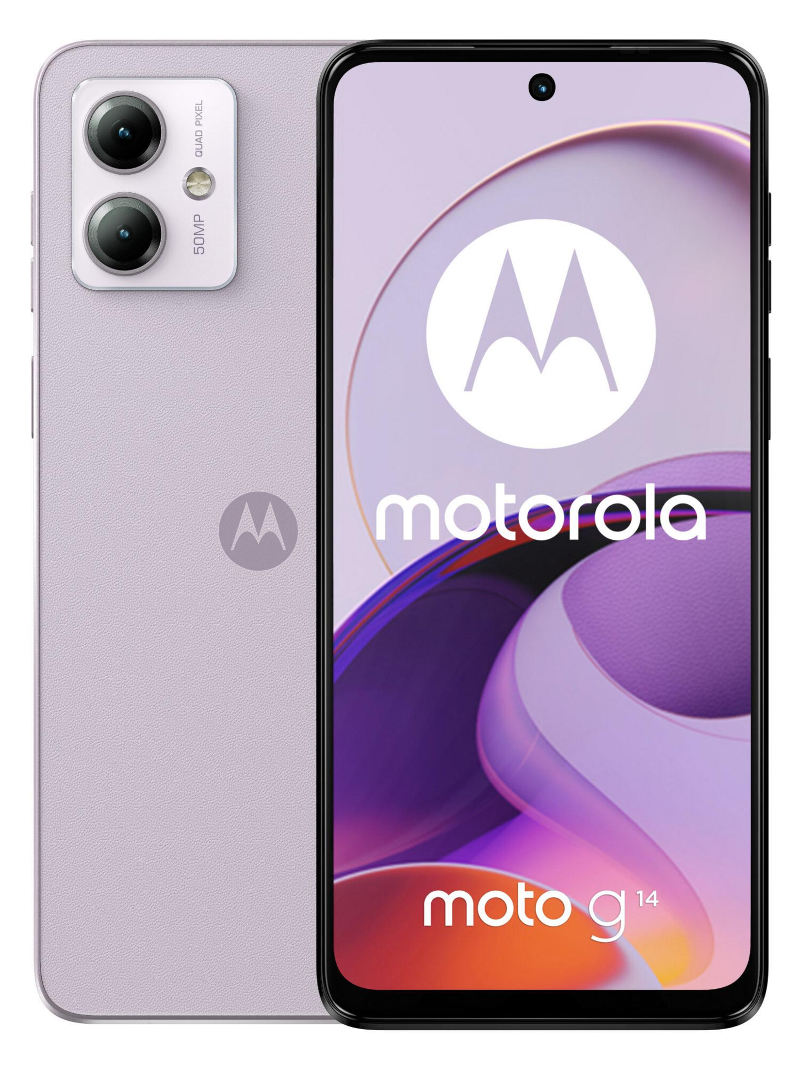 Telefon Motorola Moto G14. Ekran wyświetla logo Motorola. Telefon jest jasnofioletowy.
