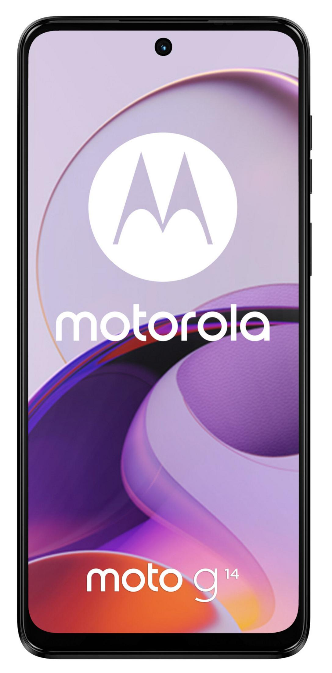 Smartfon Motorola wyświetla logo marki i 'moto g¹⁴'. Tło ekranu jest fioletowo-białe.