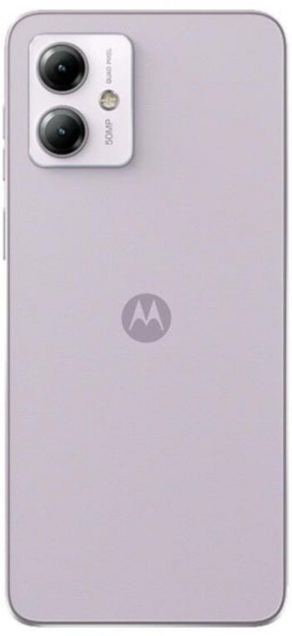 Lawendowy smartfon z podwójnym obiektywem i logo Motorola. Moduł kamery jest w lewym górnym rogu.