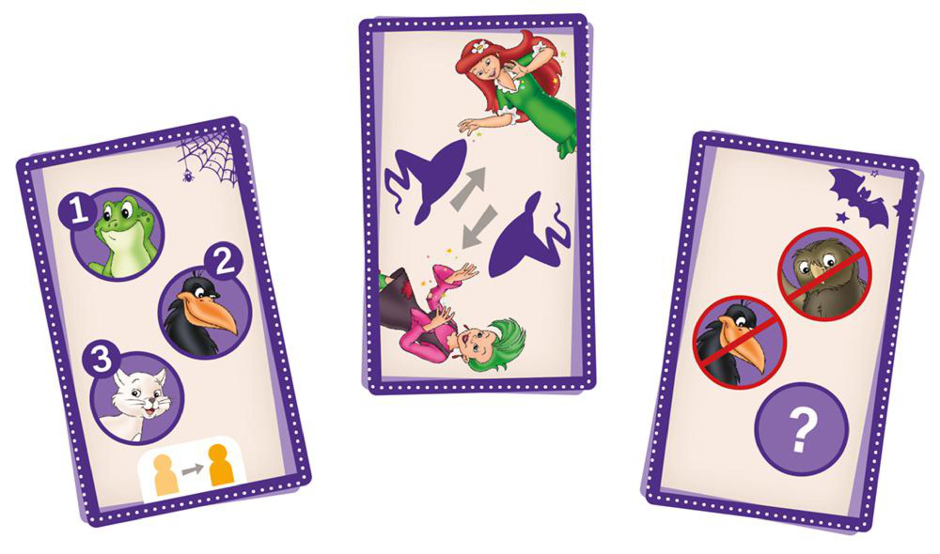 Cartes de jeu avec des illustrations de grenouille, corbeau, chat et sorcière. Une carte a un point d'interrogation et un hibou et un corbeau barrés.