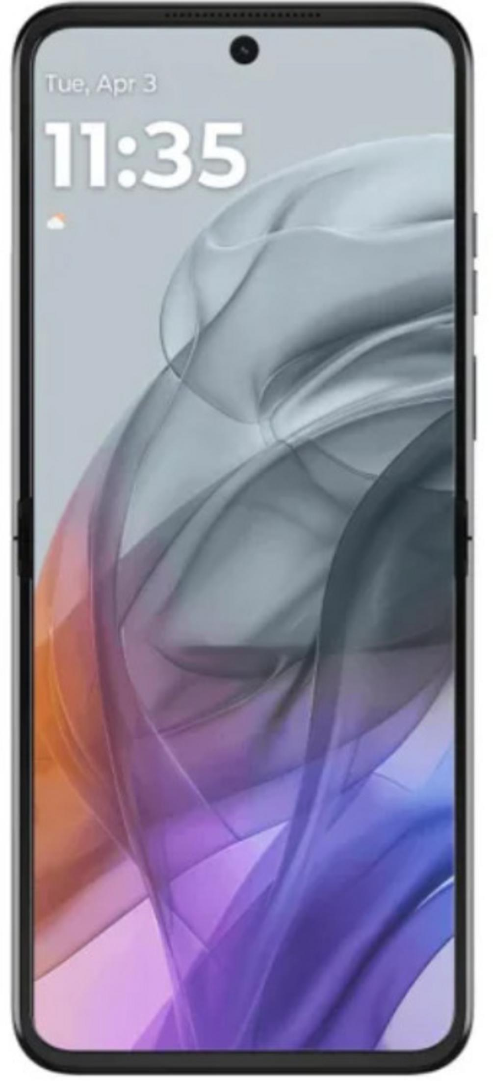 Smartfon wyświetla godzinę i datę. Ekran pokazuje abstrakcyjny wzór wirujących kolorów: fioletowego, pomarańczowego i szarego.