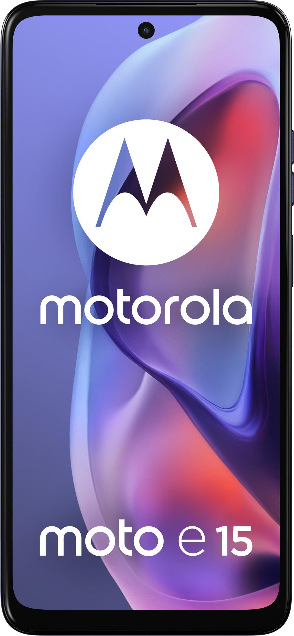 Smartfon Motorola Moto E15. Ekran wyświetla logo Motoroli i nazwę telefonu na gradientowym tle.
