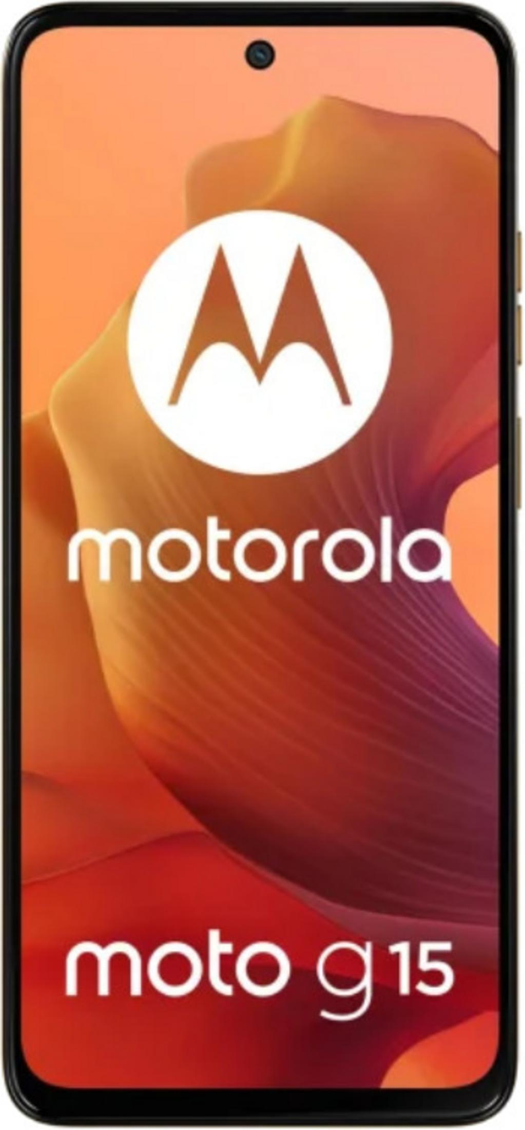 Smartphone-Bildschirm mit Motorola-Logo und Moto g15-Text. Hintergrundgradient aus Orange- und Rottönen.