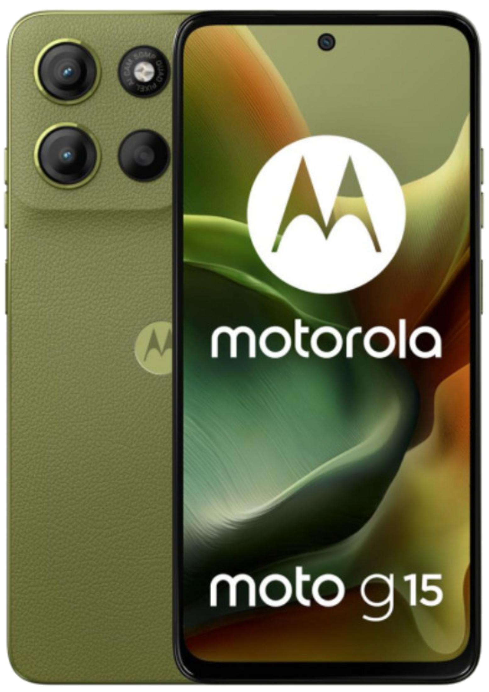 Olive green Motorola Moto G15 smartphone. Features camera array, Motorola logo, and 'moto g15' text on a vibrant display.